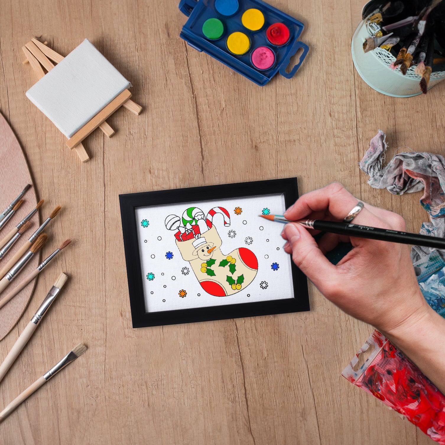 Pre Primed Printed Canvas Frame With Paints Christmas Stocking L5 X W7Inch Approx 1pc
