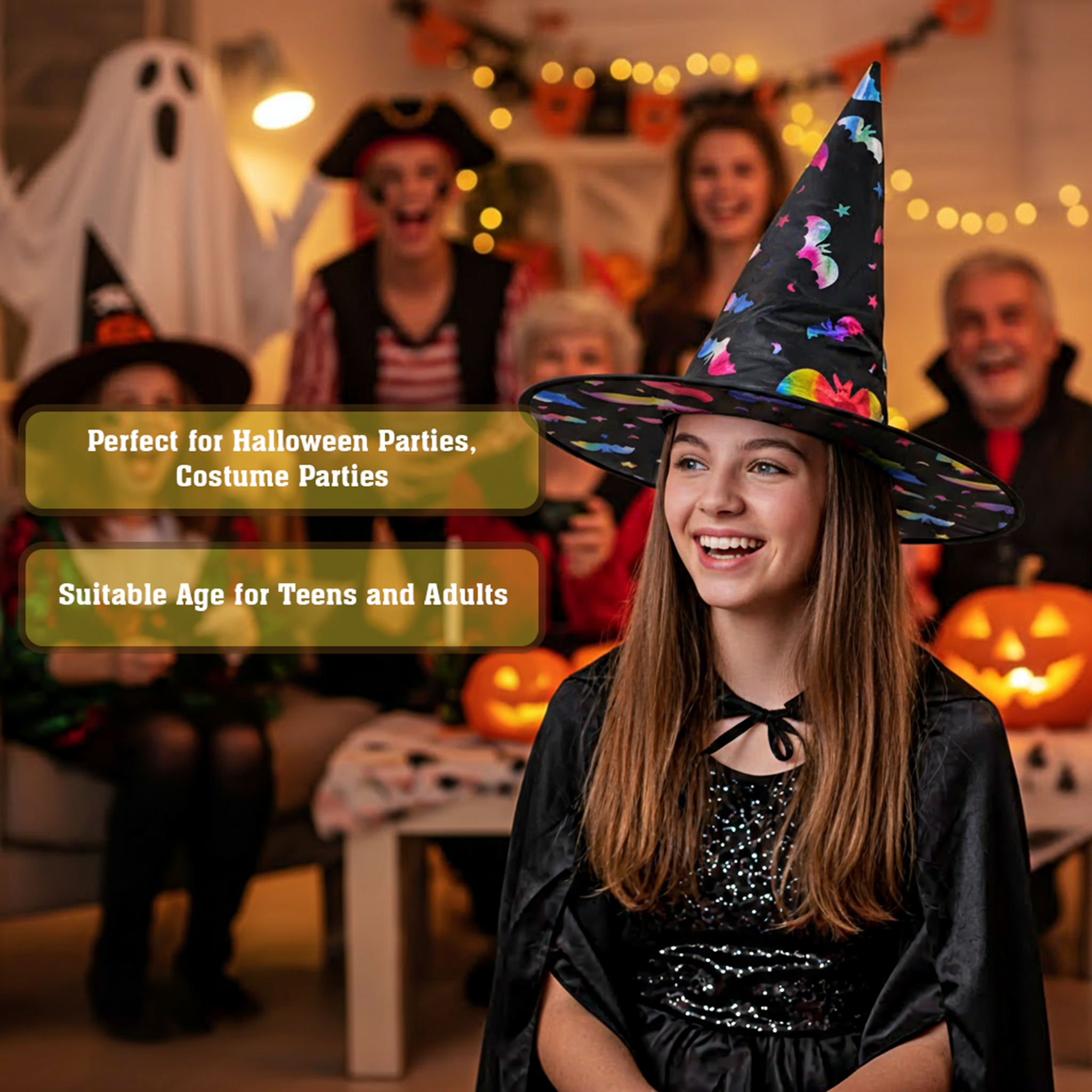 Glow-in-the-dark Witch Hat Sparkly Bats 1pc