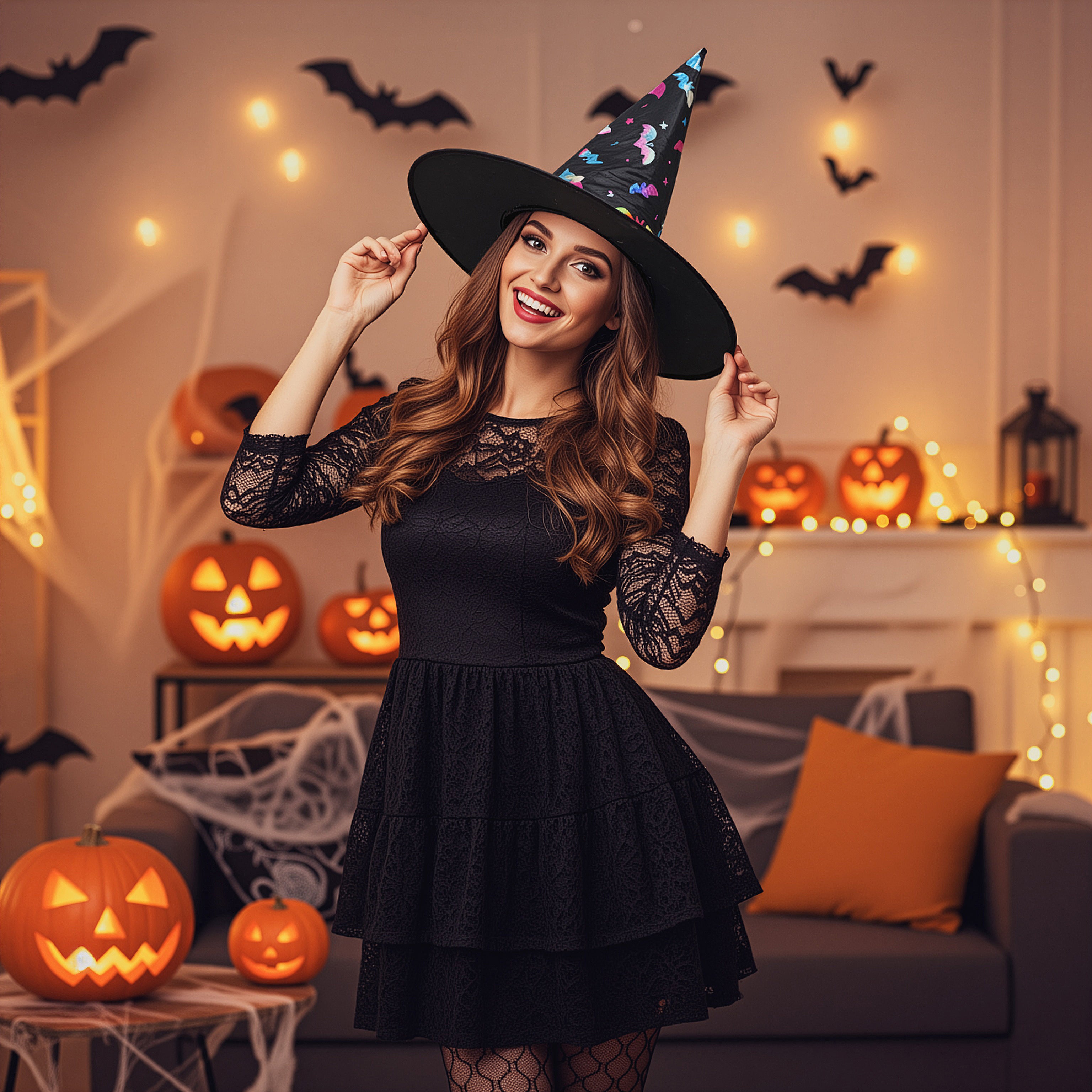 Glow-in-the-dark Witch Hat Sparkly Bats 1pc