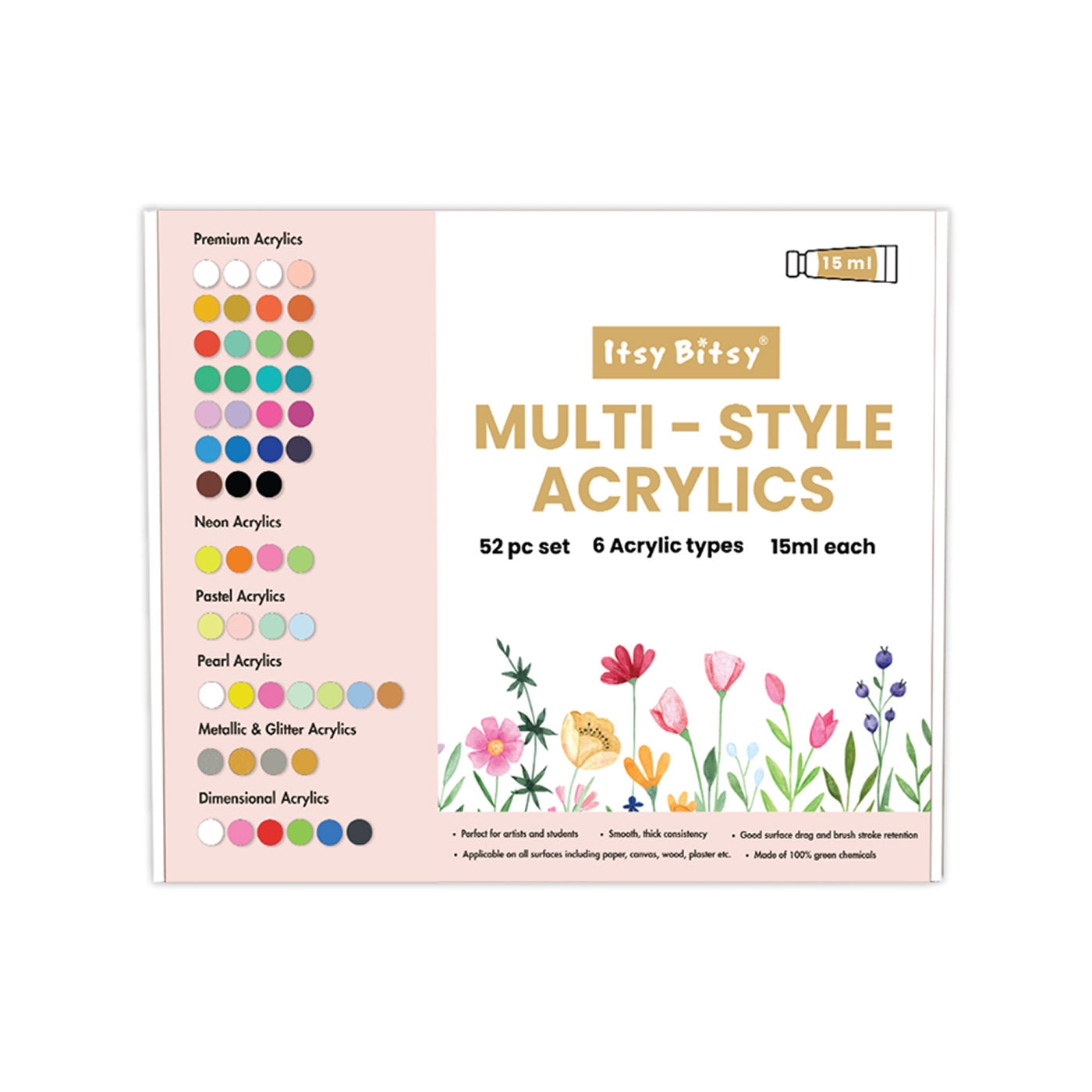 Multi Style Acrylics Set 52 Colors X 15ml each Box