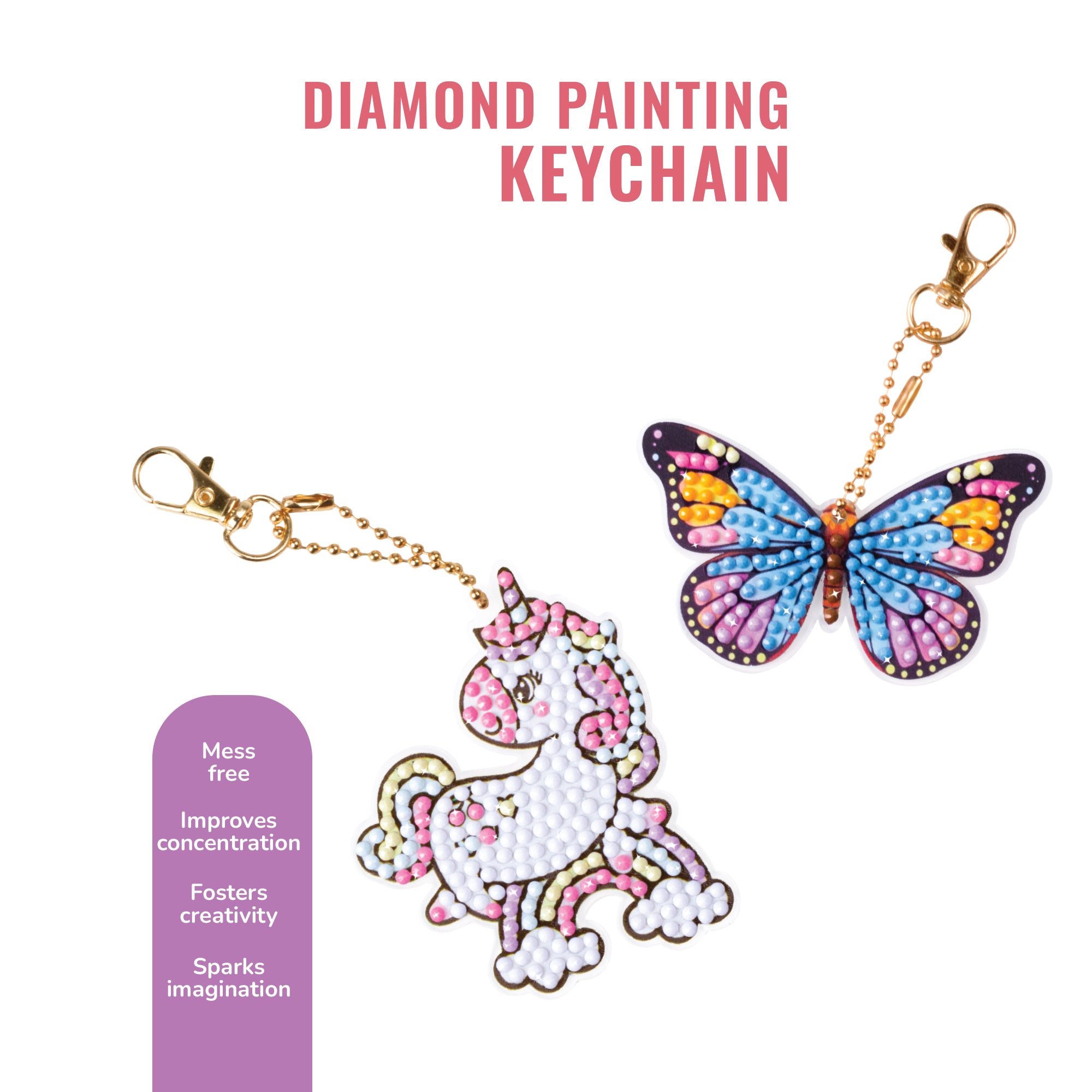 Diamond Painting Key Chain Kit Unicorn & Butterfly 8 X 7cm 2pc Box