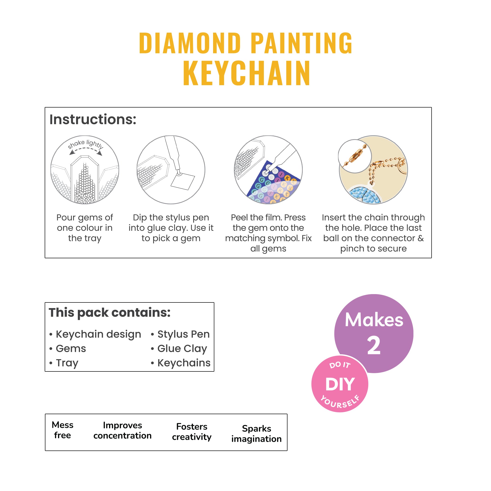 Diamond Painting Key Chain Kit Bear & Panda 8 X 7cm 2pc Box