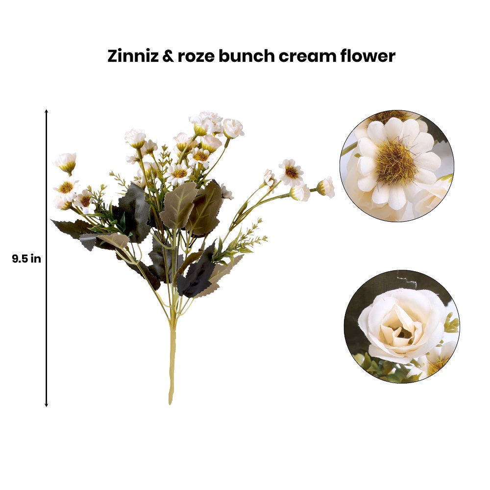 Artificial Flower Zinnia and Rose bunch Cream 9.5Inch