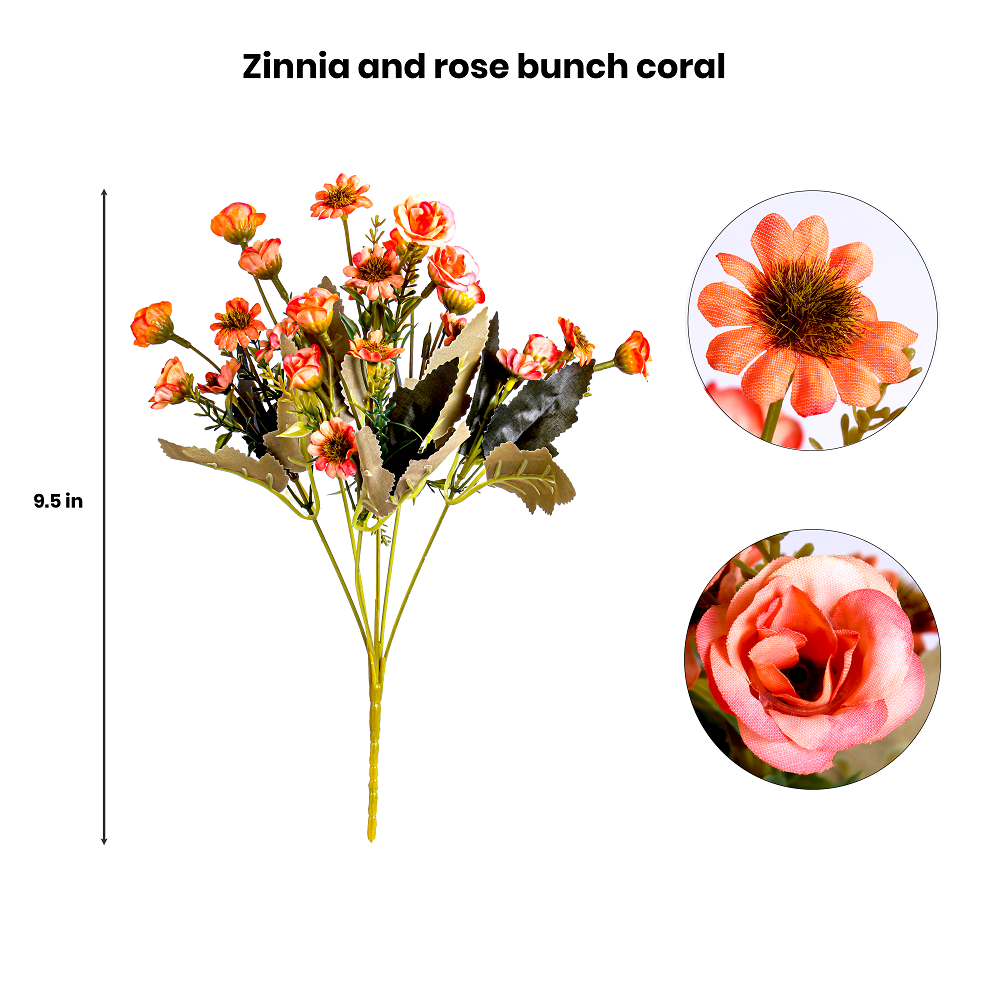 Artificial Flower Zinnia and Rose bunch Coral 9.5Inch