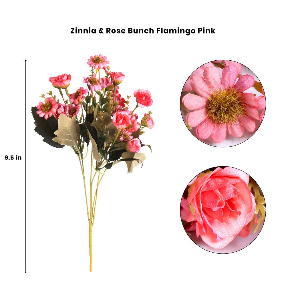 Artificial Flower Zinnia and Rose bunch Falmingo Pink 9.5Inch