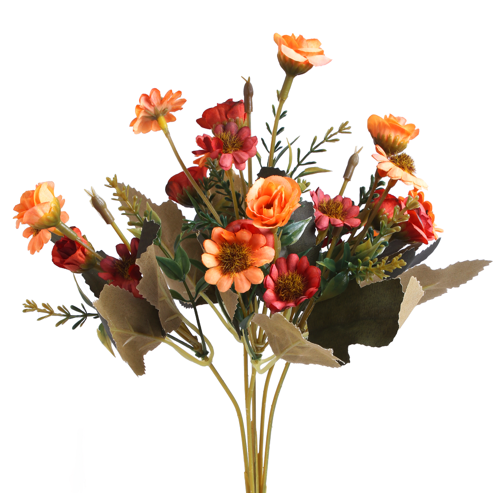 Artificial Flower Zinnia and Rose bunch Red and Yellow 9.5Inch