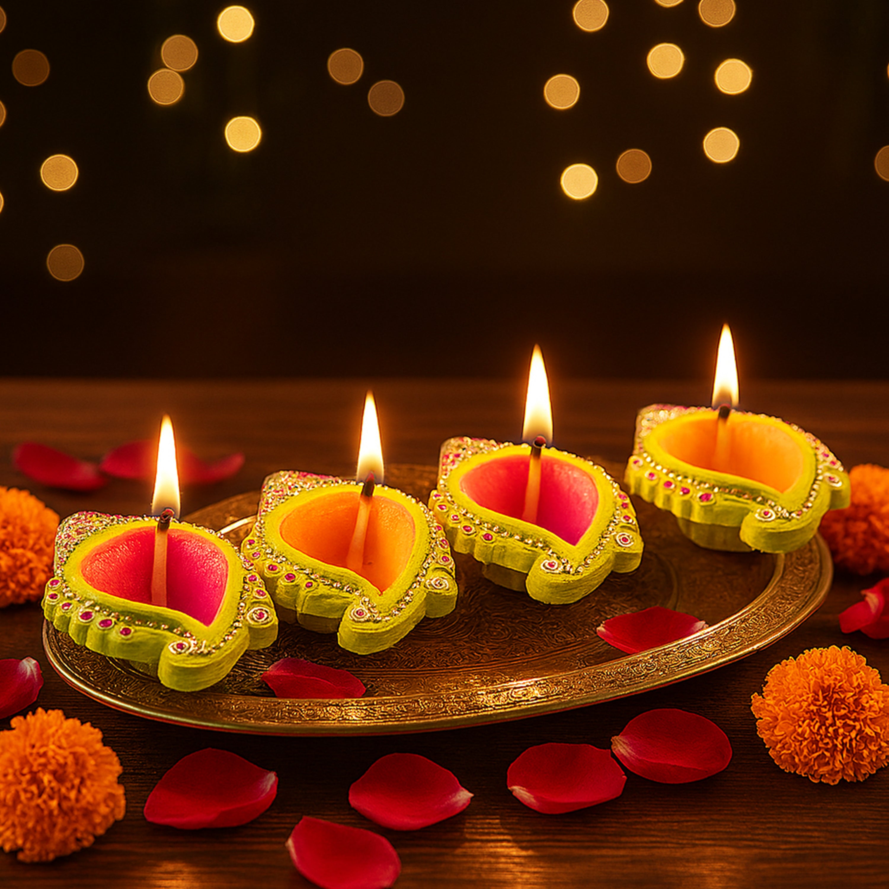 Decorated Terracotta Diya Traditional Shell Pink & Yellow 4pc