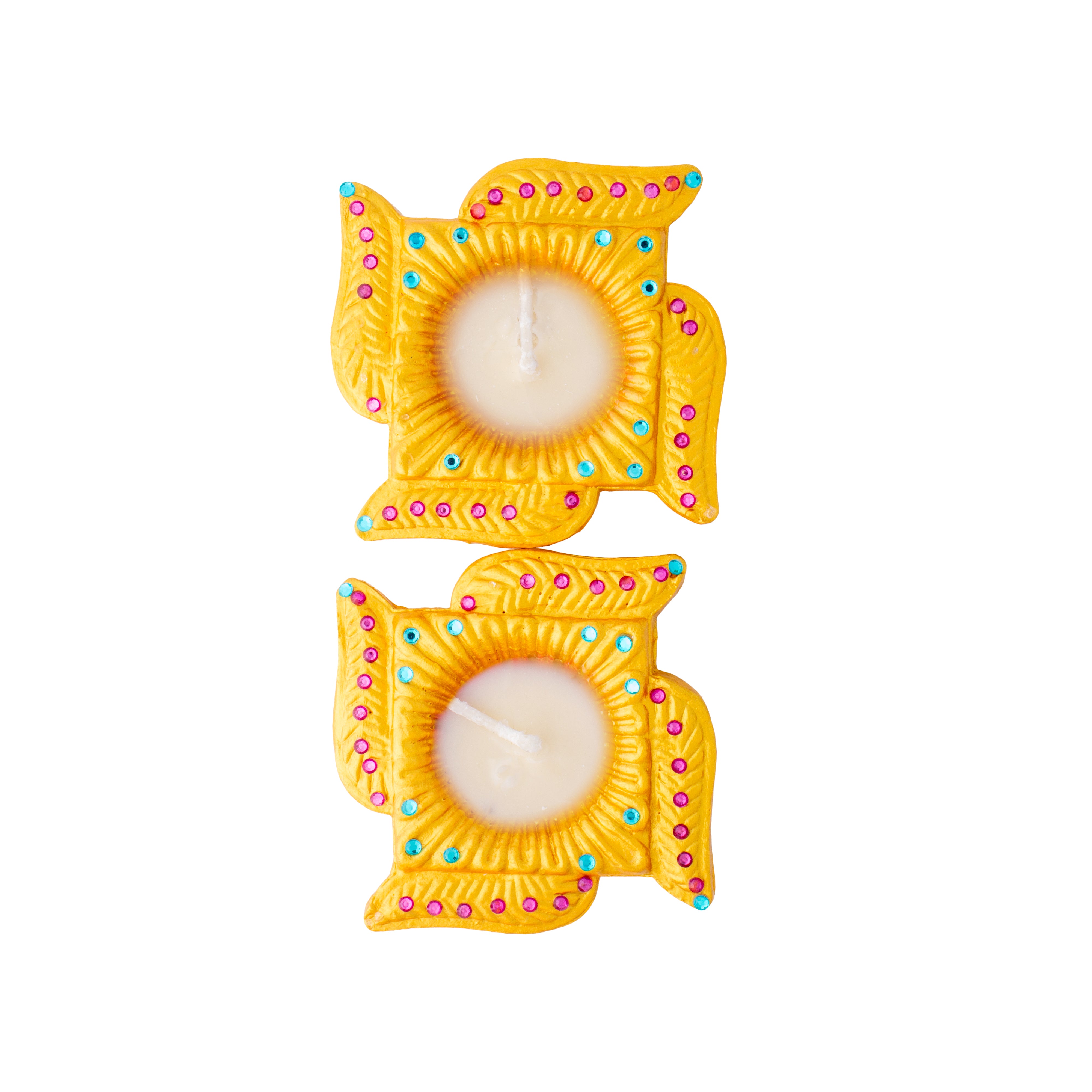 Decorated Terracotta Diya With Wax Swastika 2pc Box (Wax Filled)