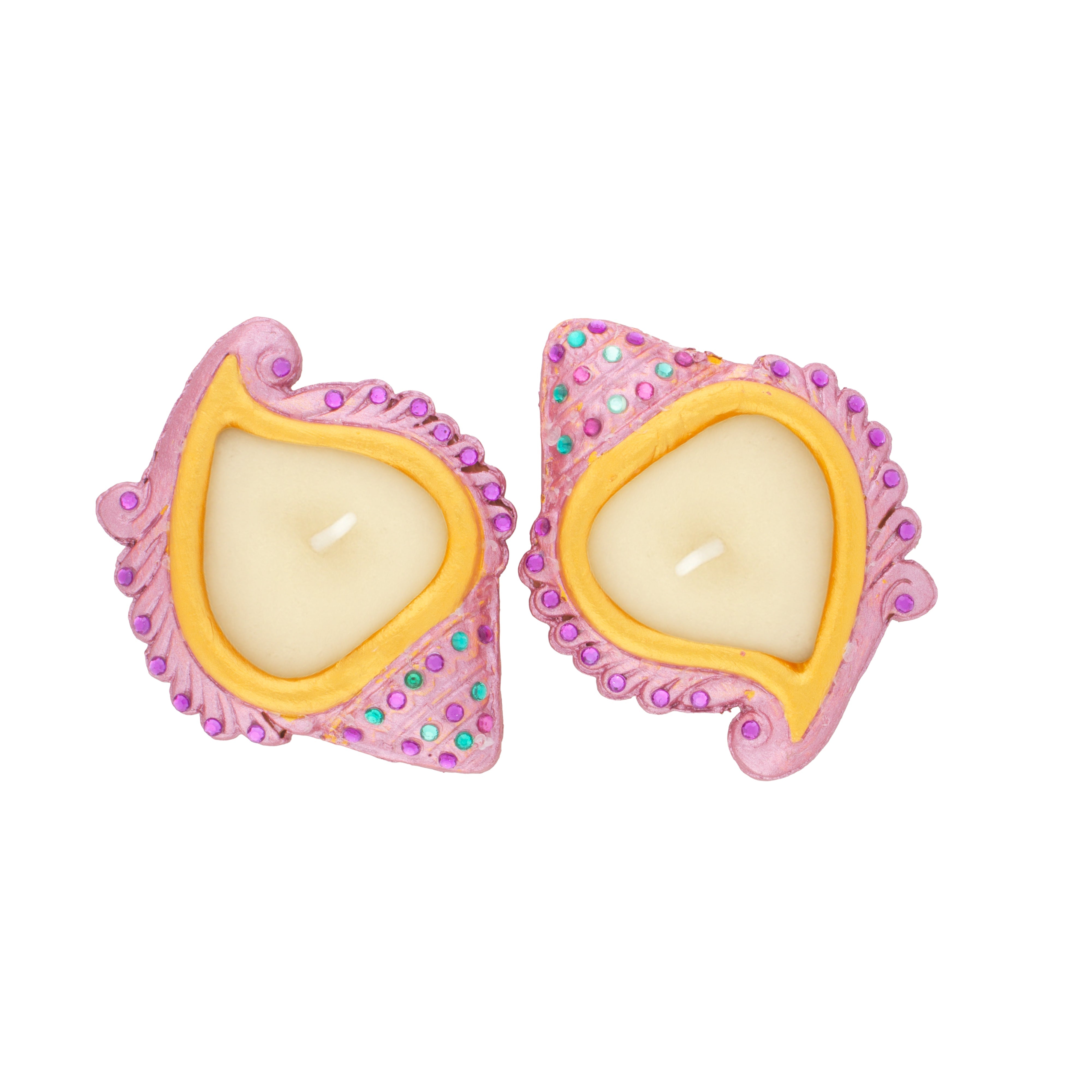 Decorated Terracotta Diya with Wax - Shankh Design, Pink, 2pc