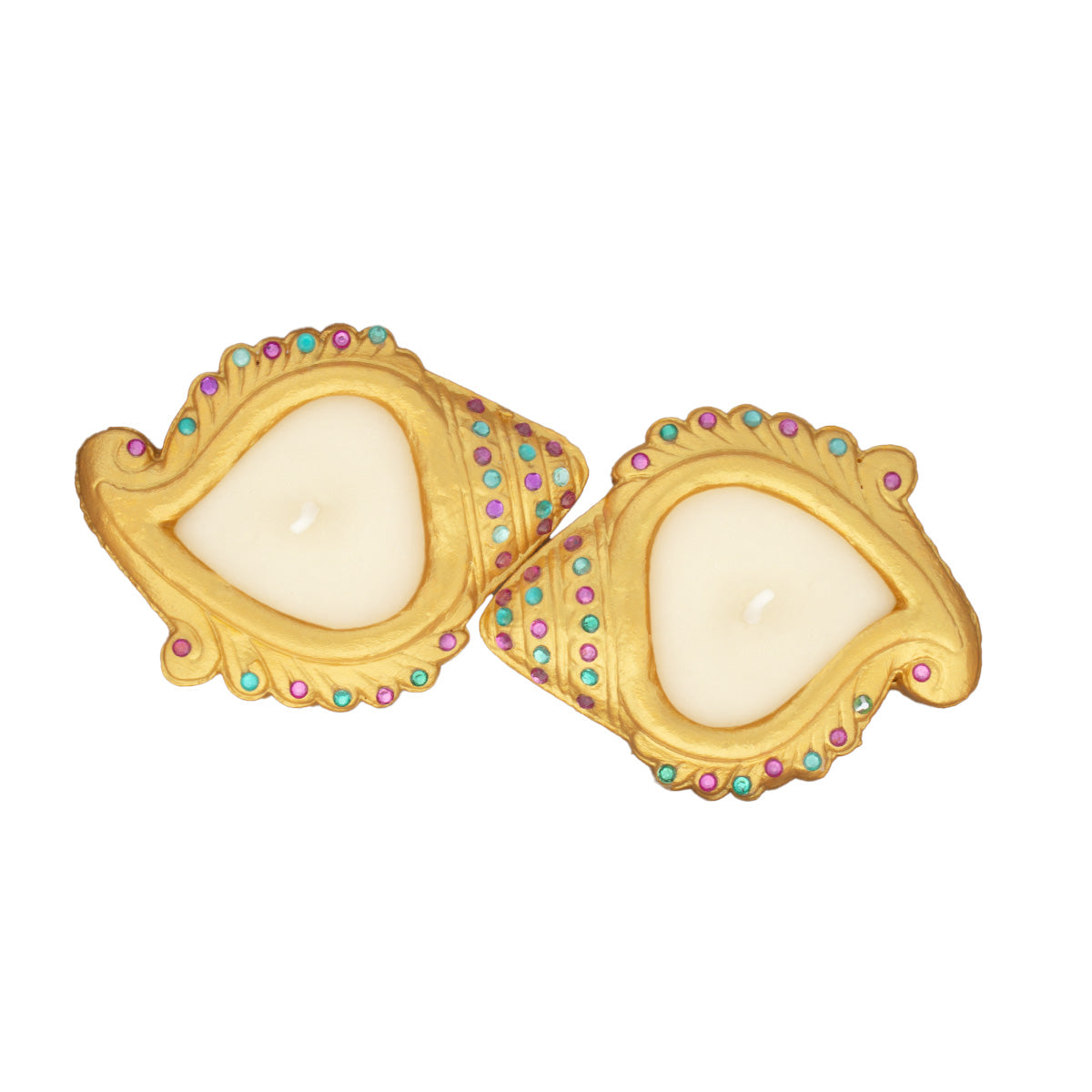 Decorated Terracotta Diya With Wax Shell Gold 2pc Box (Wax Filled)