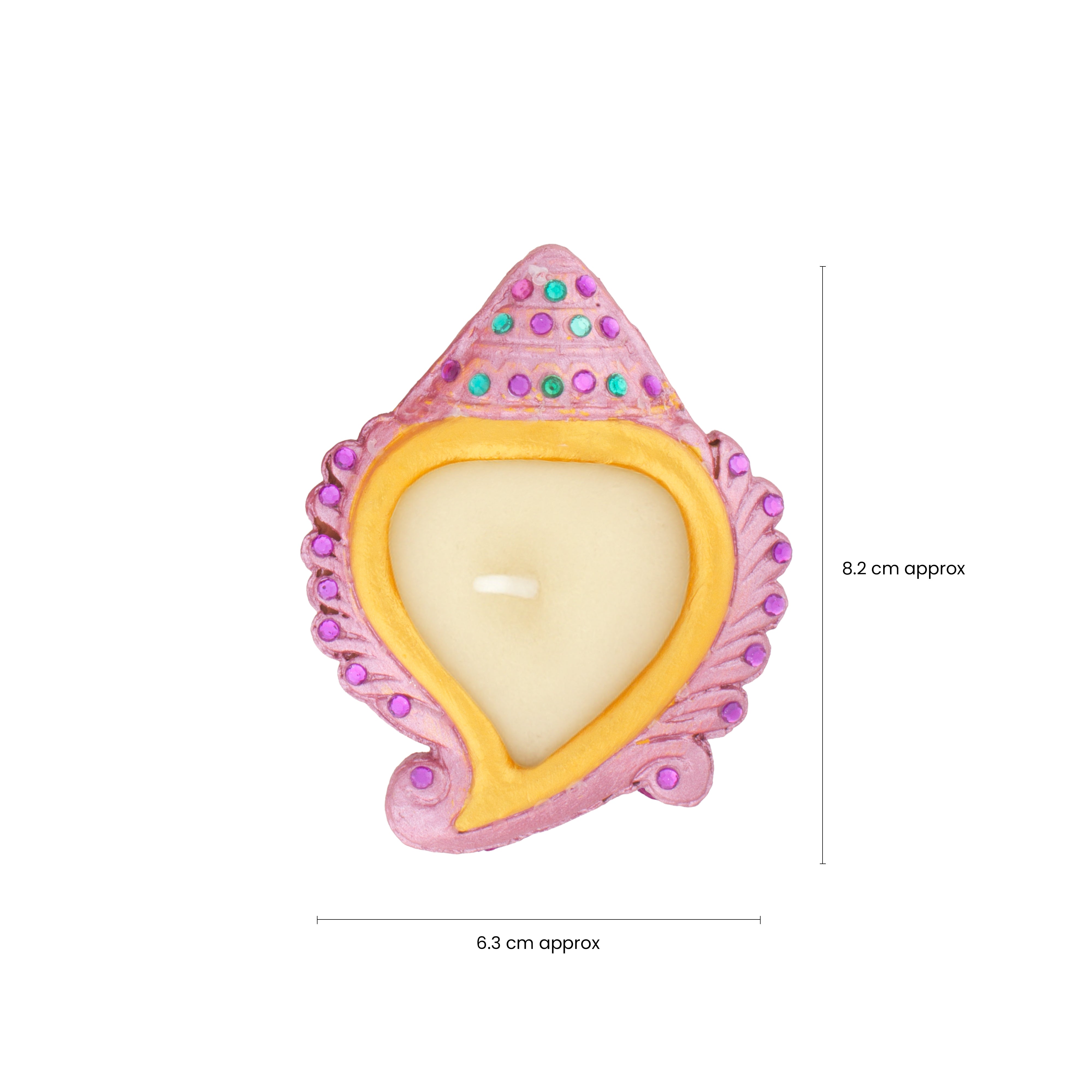 Decorated Terracotta Diya with Wax - Shankh Design, Pink, 2pc