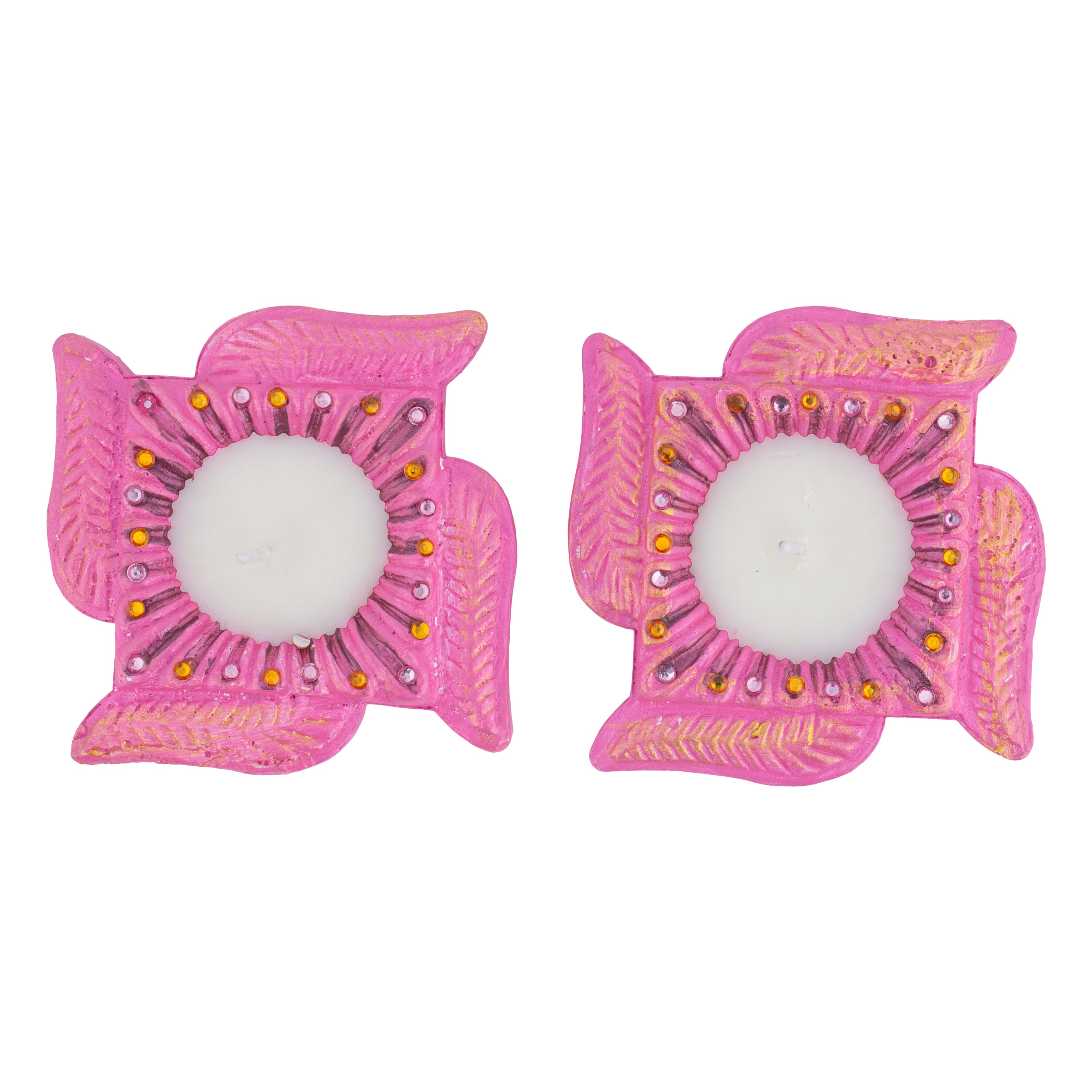 Decorated Terracotta Diya with Wax - Swastika, Pink, Set of 2pc