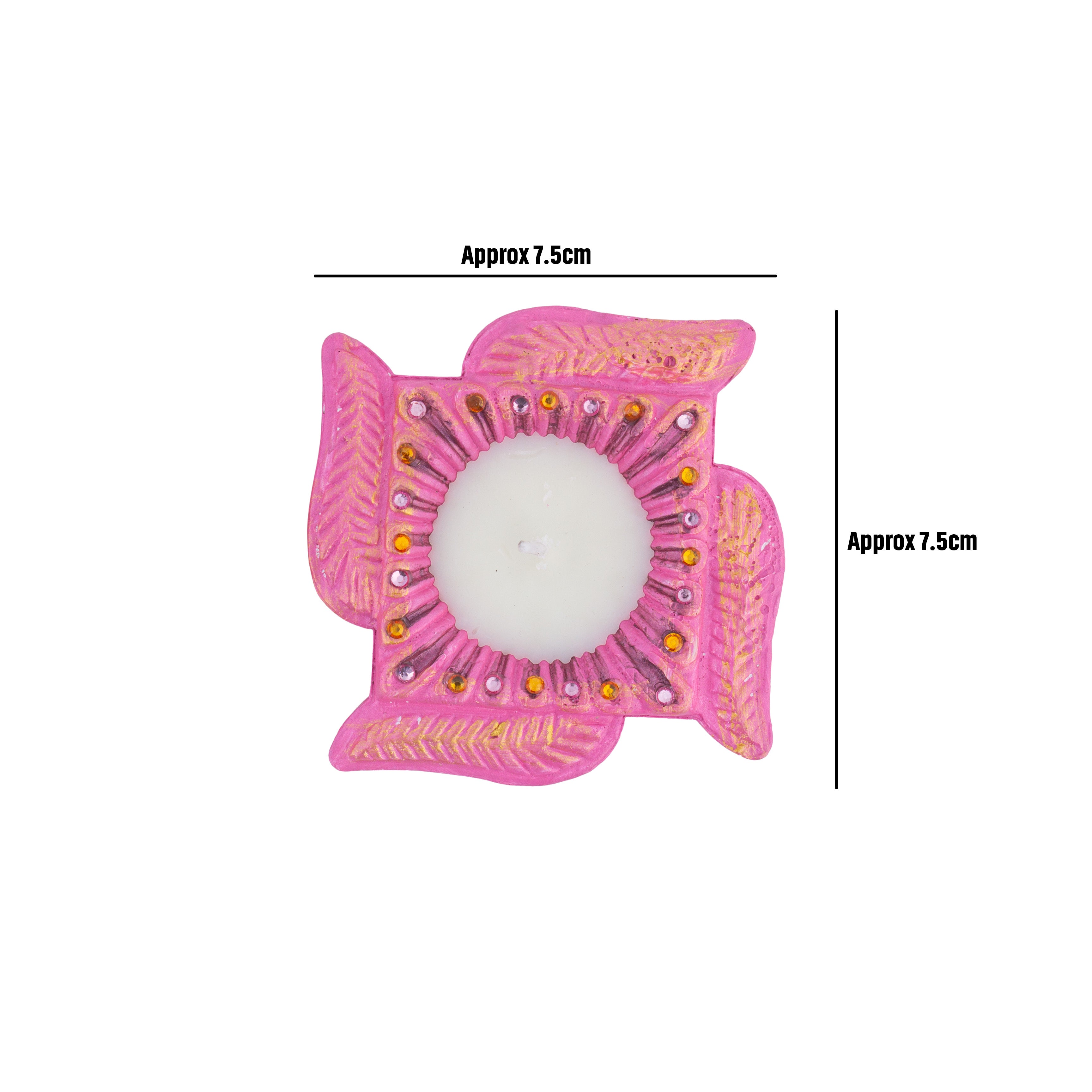Decorated Terracotta Diya with Wax - Swastika, Pink, Set of 2pc