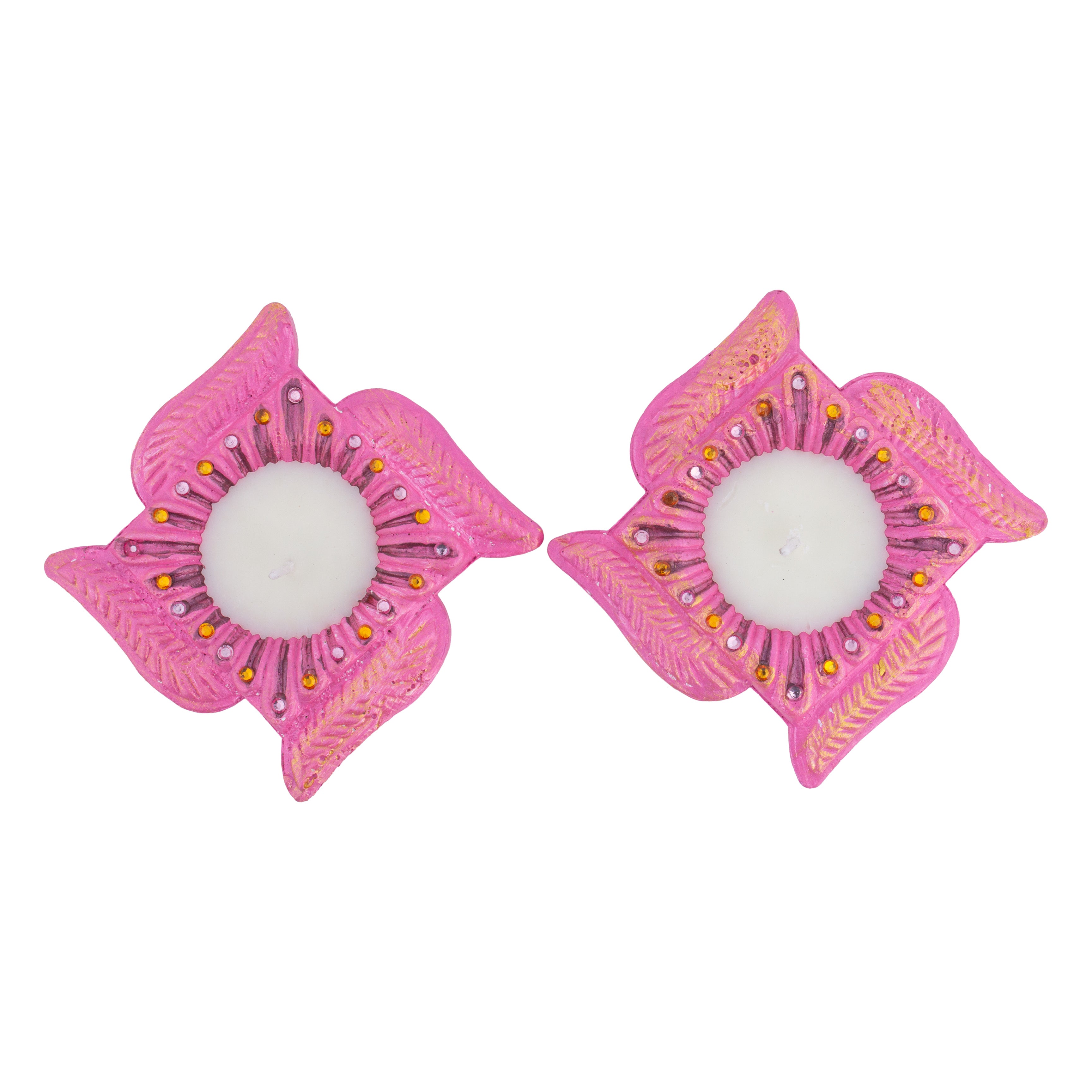 Decorated Terracotta Diya with Wax - Swastika, Pink, Set of 2pc