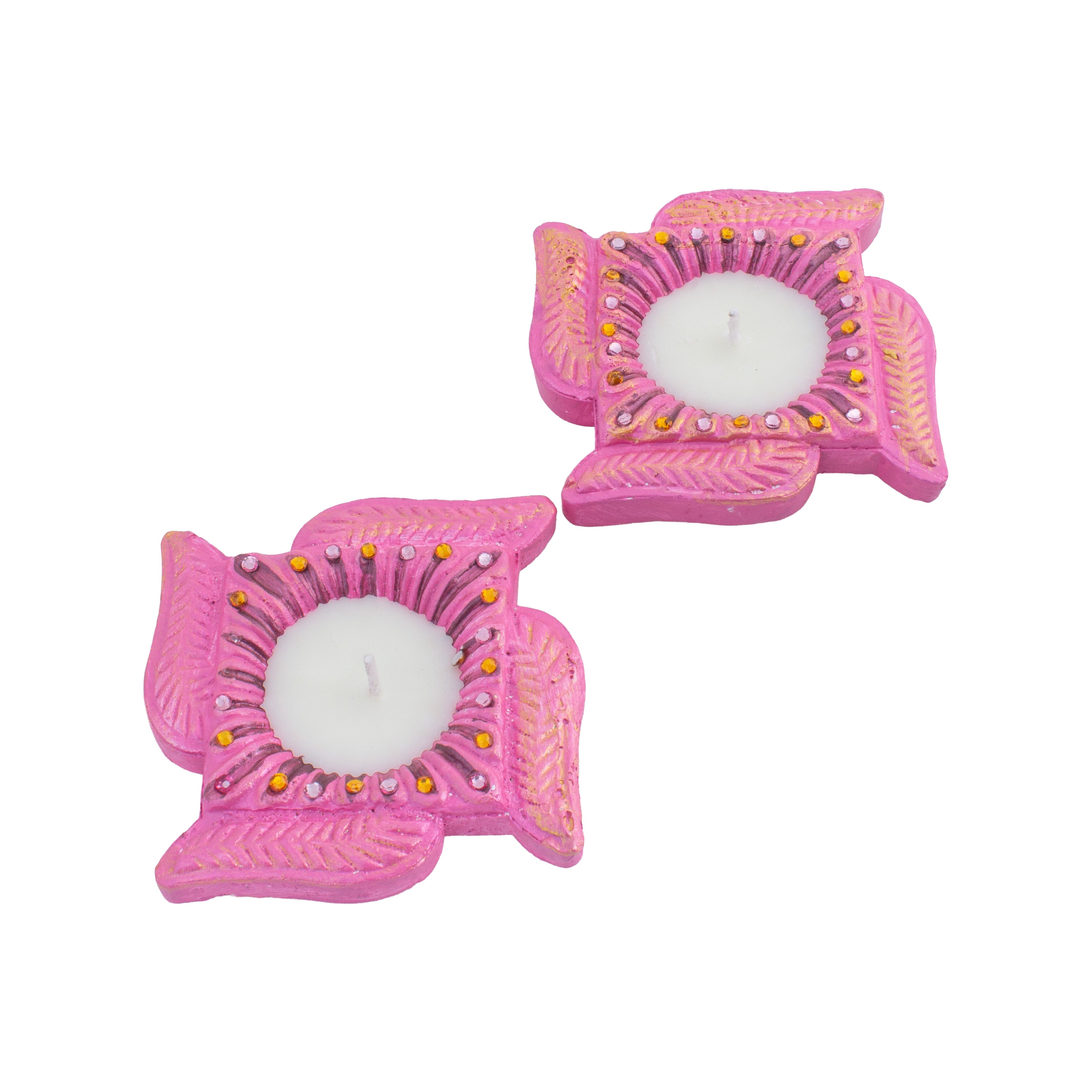 Decorated Terracotta Diya with Wax - Swastika, Pink, Set of 2pc