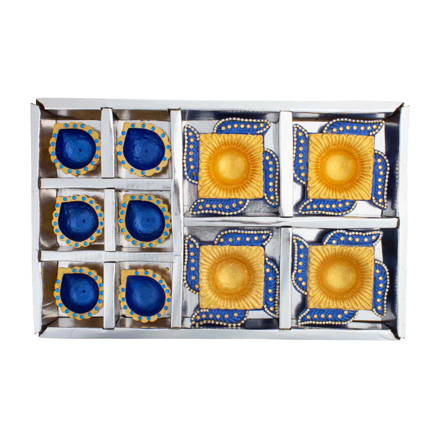 Decorated Terracotta Diya Assorted Shapes Blue 10pc