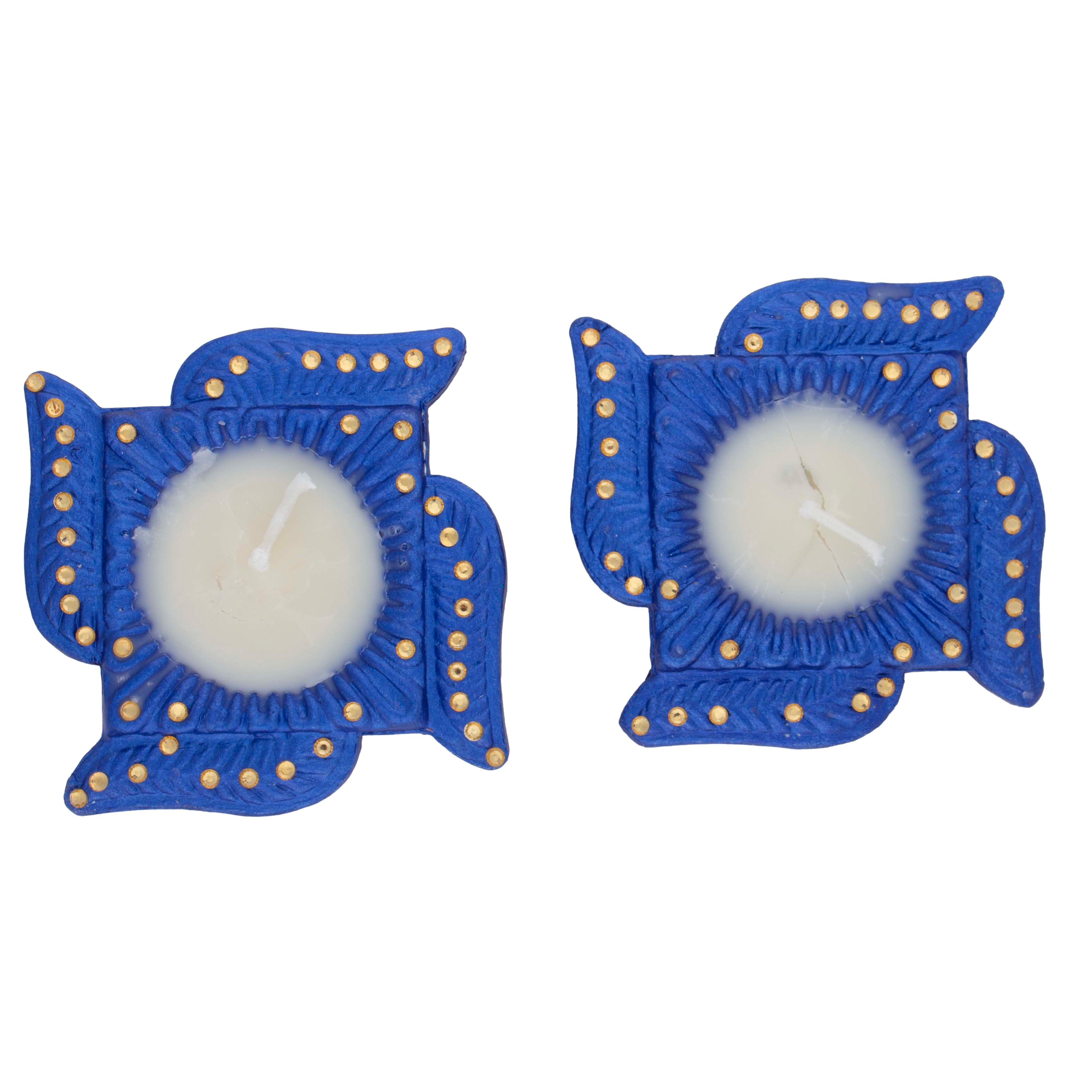 Decorated Terracotta Diya With Wax Swastika Blue 2pc (Wax Filled)