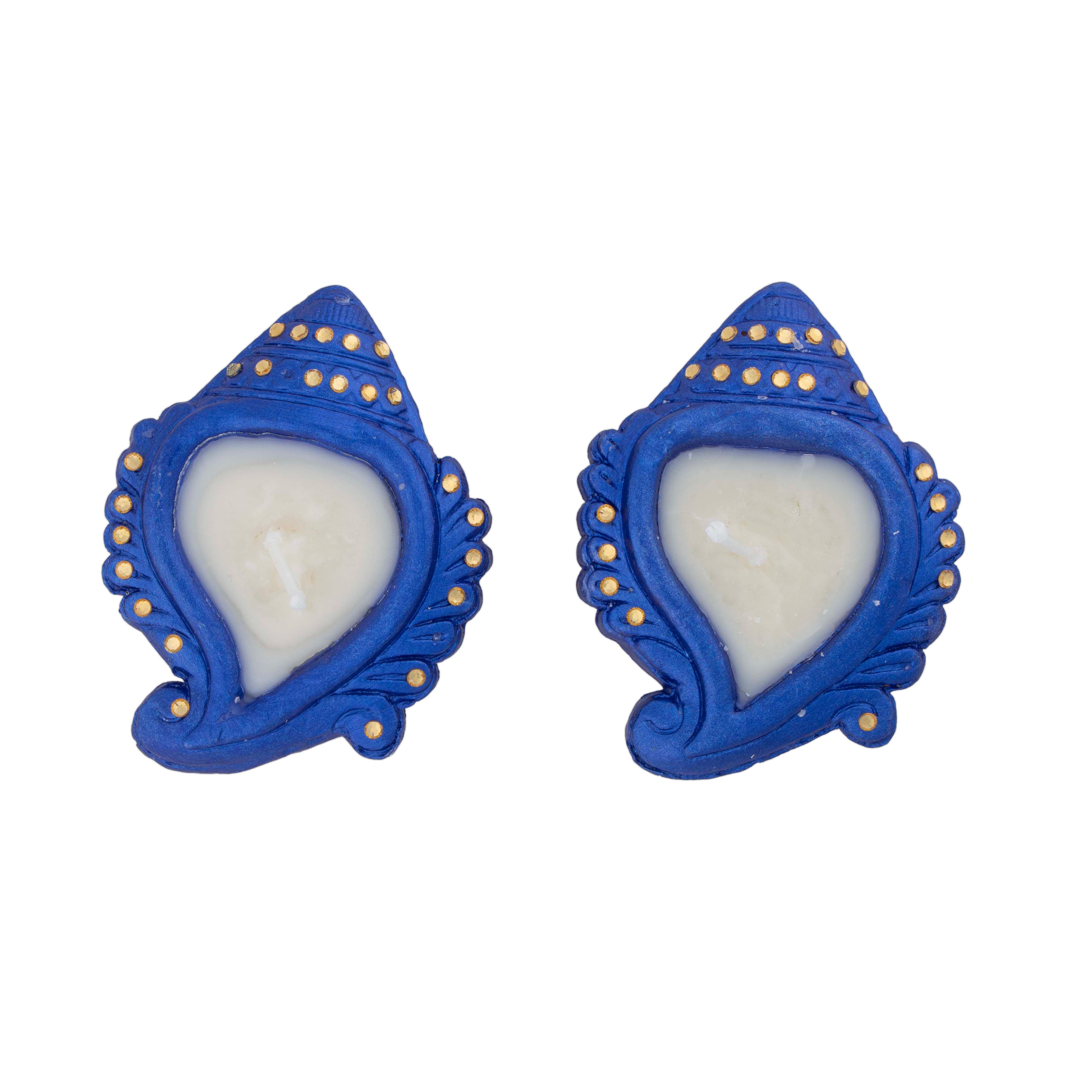 Decorated Terracotta Diya With Wax Shankh Blue 2pc
