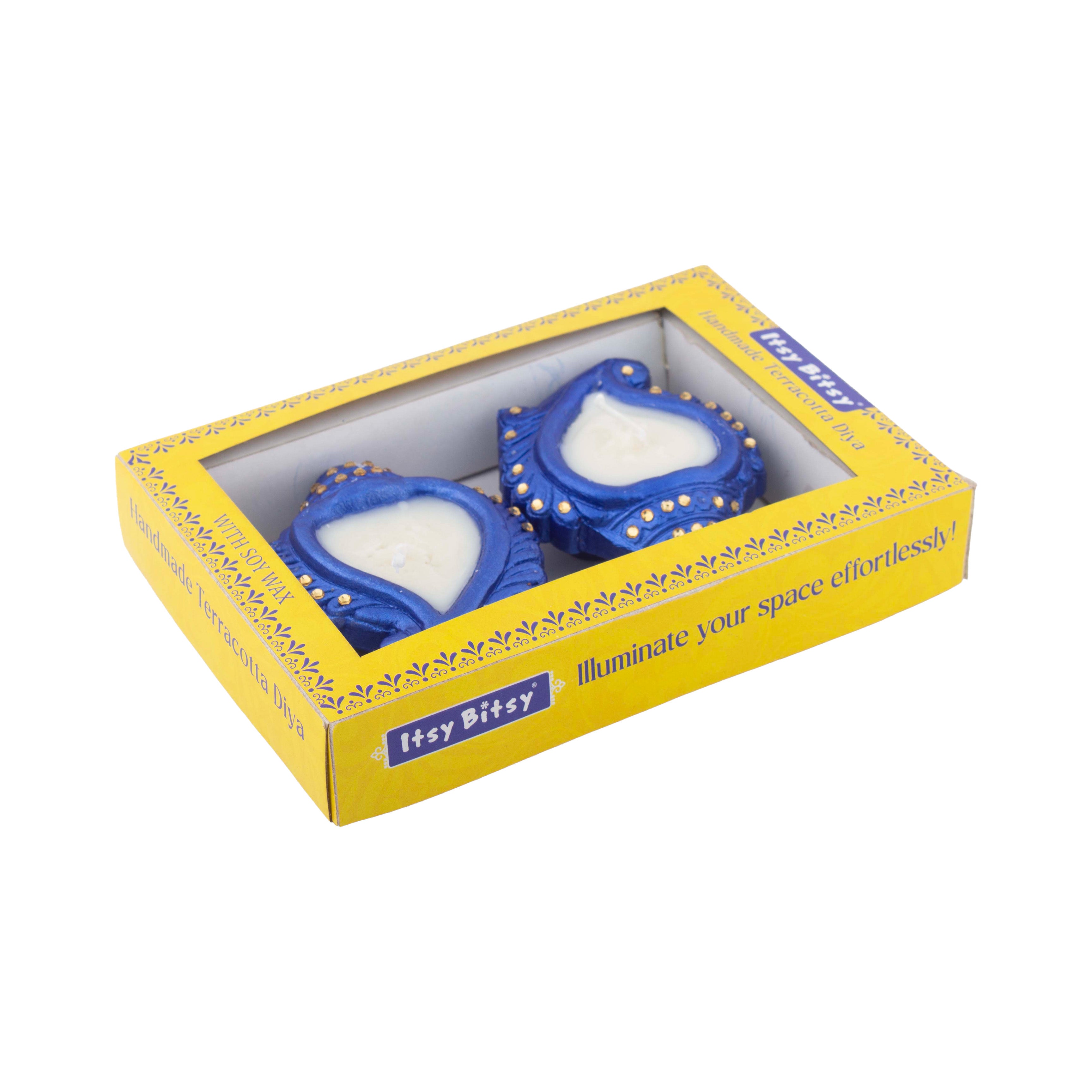 Decorated Terracotta Diya With Wax Shankh Blue 2pc