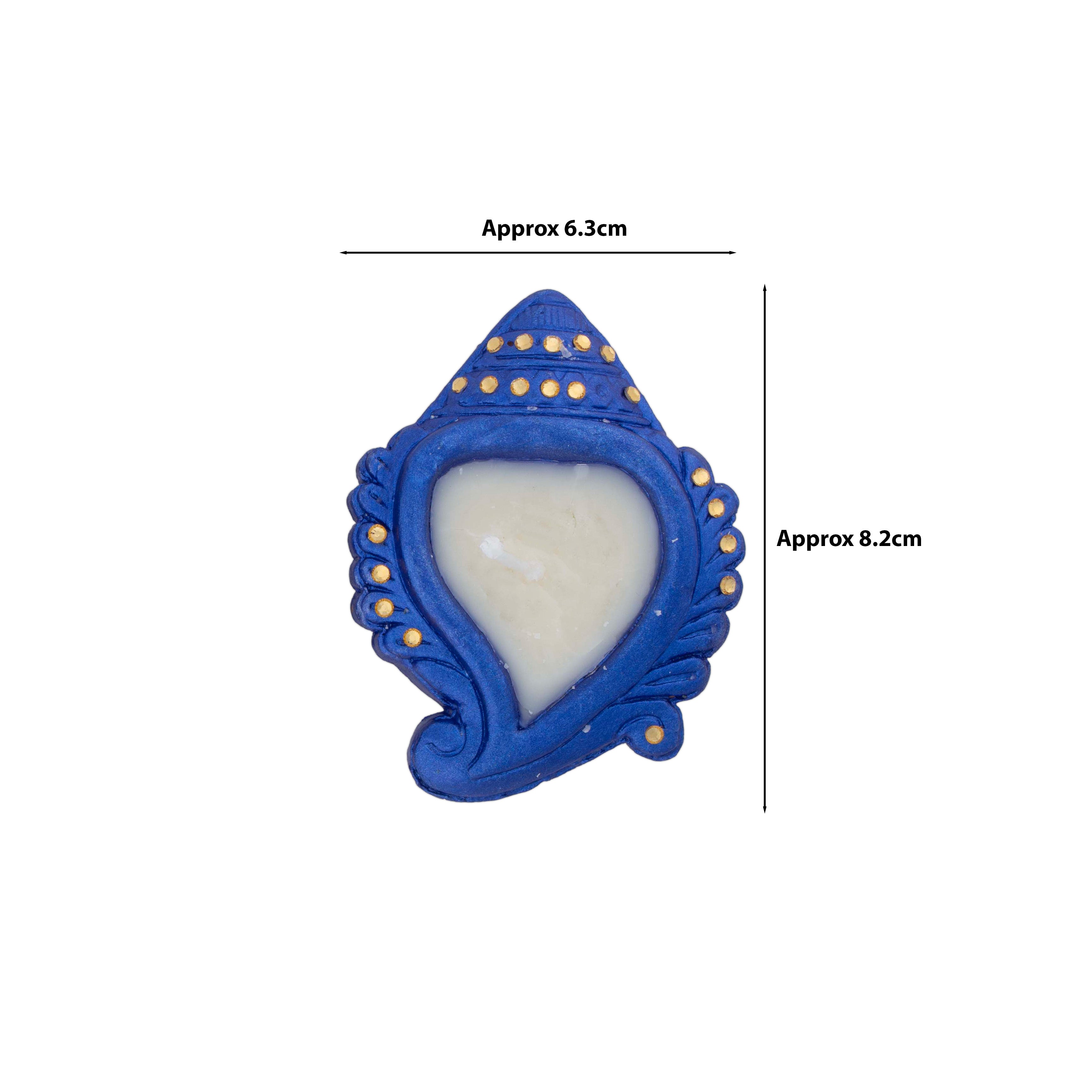 Decorated Terracotta Diya With Wax Shankh Blue 2pc