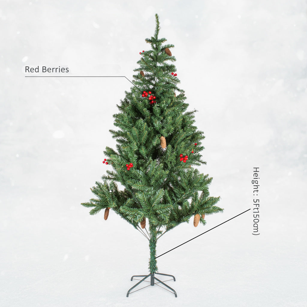 Christmas Premium Tree with Metal Stand Pine Cones & Red Berries 5 Ft (150cm) 1pc Box