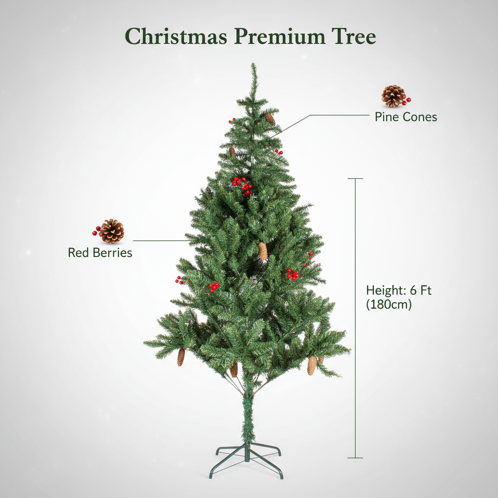 Christmas Premium Tree with Metal Stand Pine Cones & Red Berries 6 Ft (180cm) 1pc Box