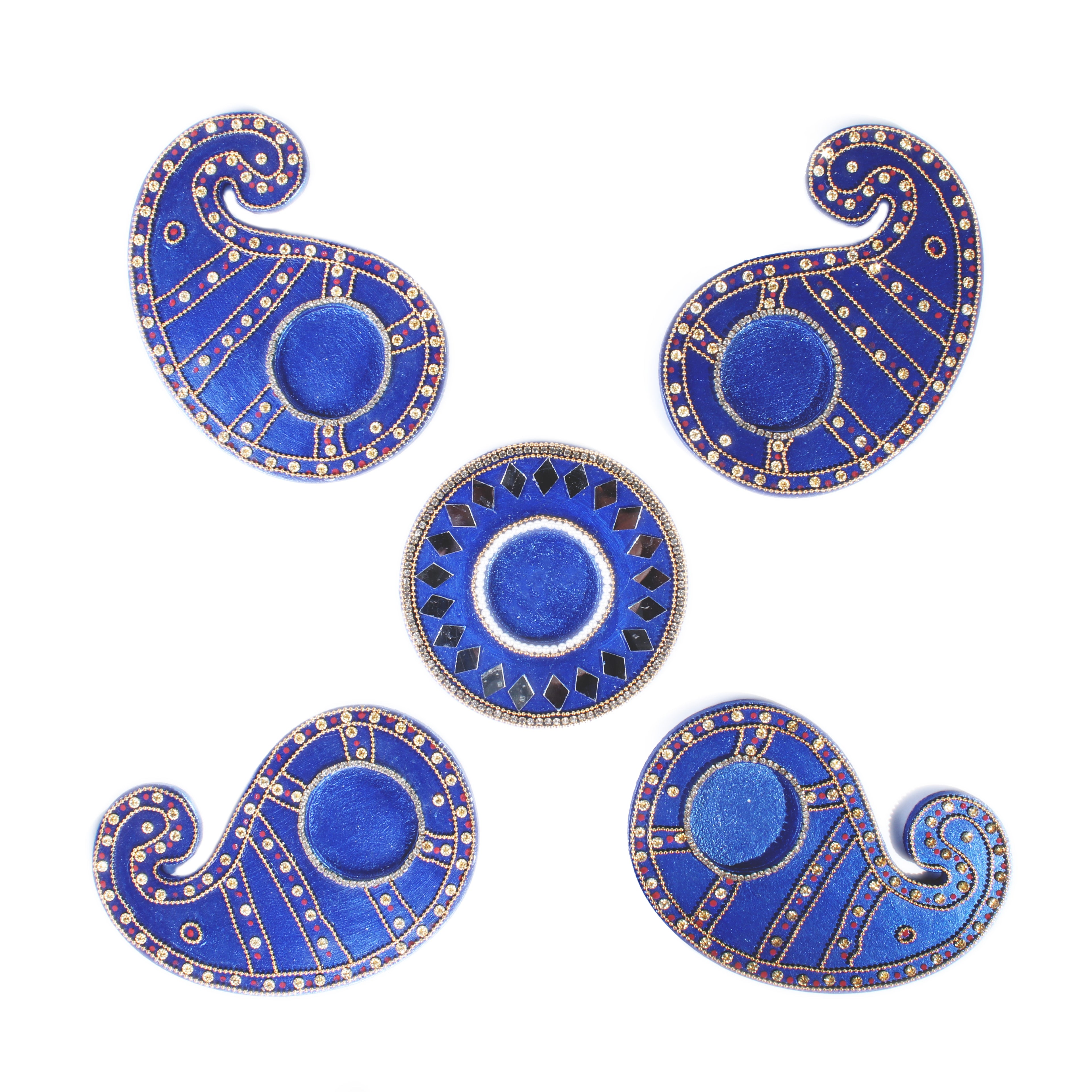 Diwali Decor Combo - Mirror work tealight holder Diamond Delight Blue 4in Dia & tealight holder paisley charm blue (Pack of 5 pc) - (Tealight Candle Included)