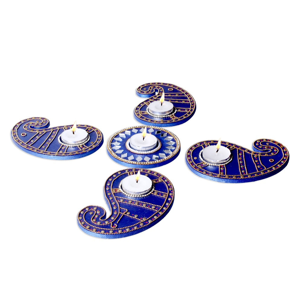 Diwali Decor Combo - Mirror work tealight holder Diamond Delight Blue 4in Dia & tealight holder paisley charm blue (Pack of 5 pc) - (Tealight Candle Included)