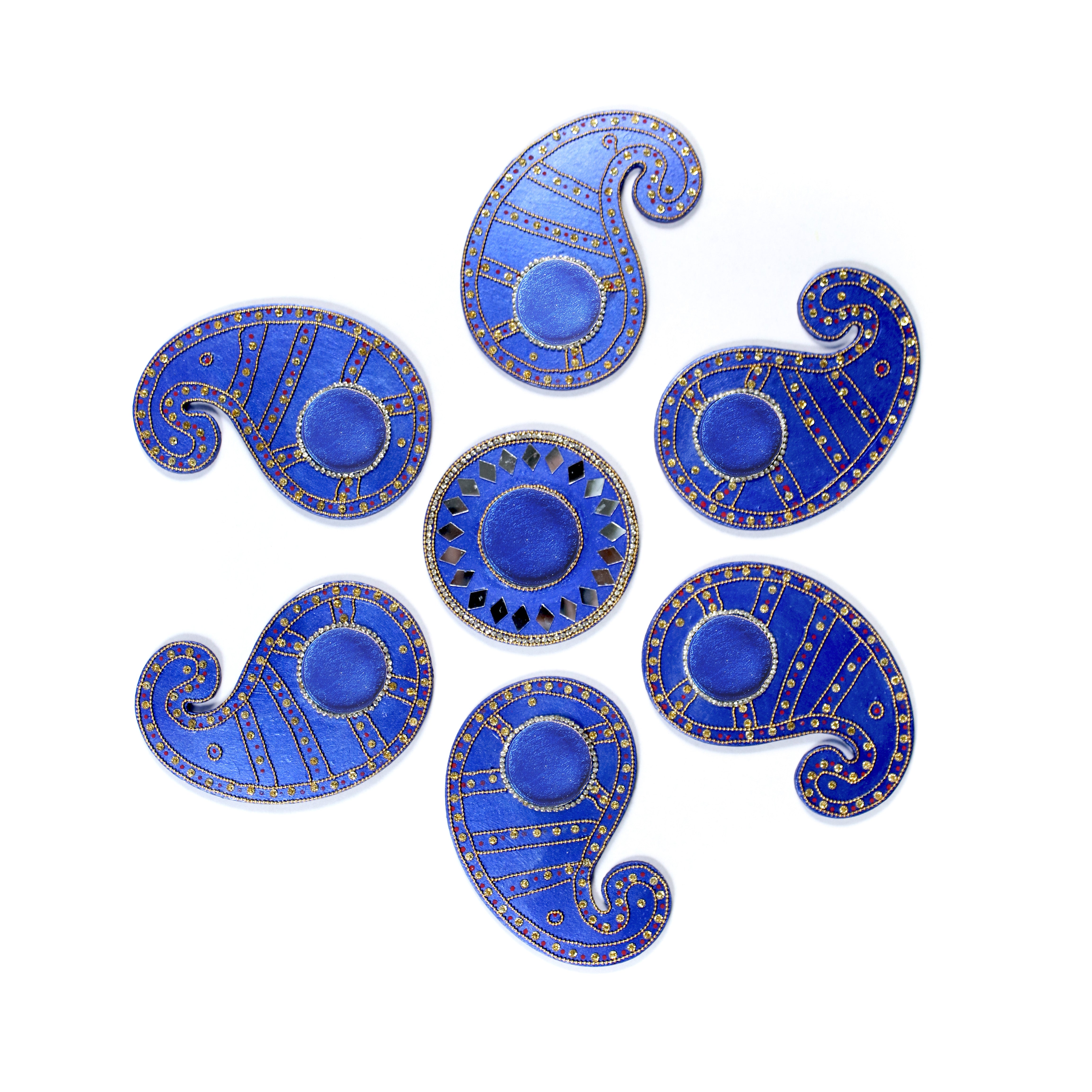Diwali Decor Combo - Mirror Work tealight holder Diamond Delight Blue 4in Dia & Tealight holder paisley charm blue (pack of 7pc) - (Tealight Candle Included)