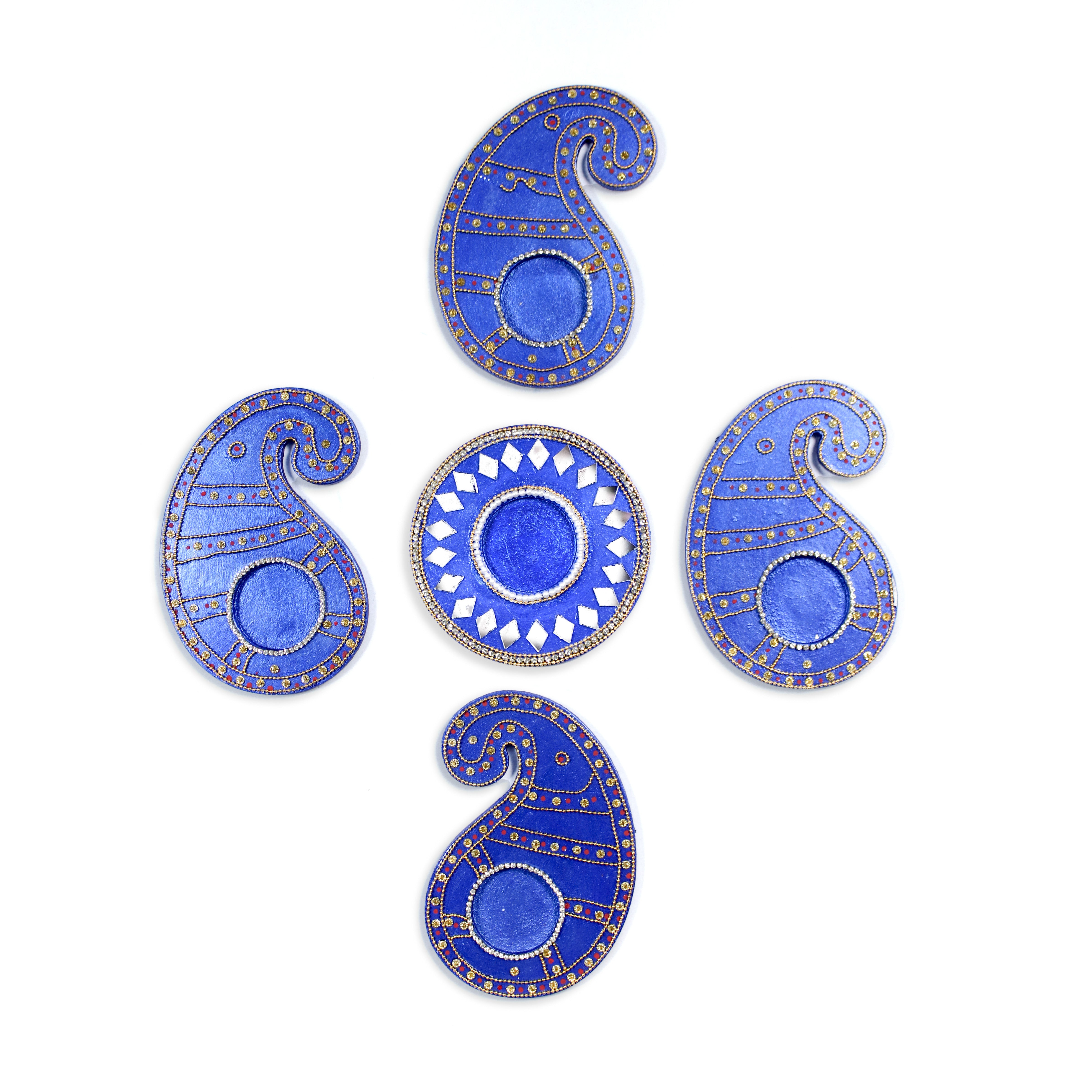 Diwali Decor Combo - Mirror work tealight holder Diamond Delight Blue 4in Dia & tealight holder paisley charm blue (Pack of 5 pc) - (Tealight Candle Included)