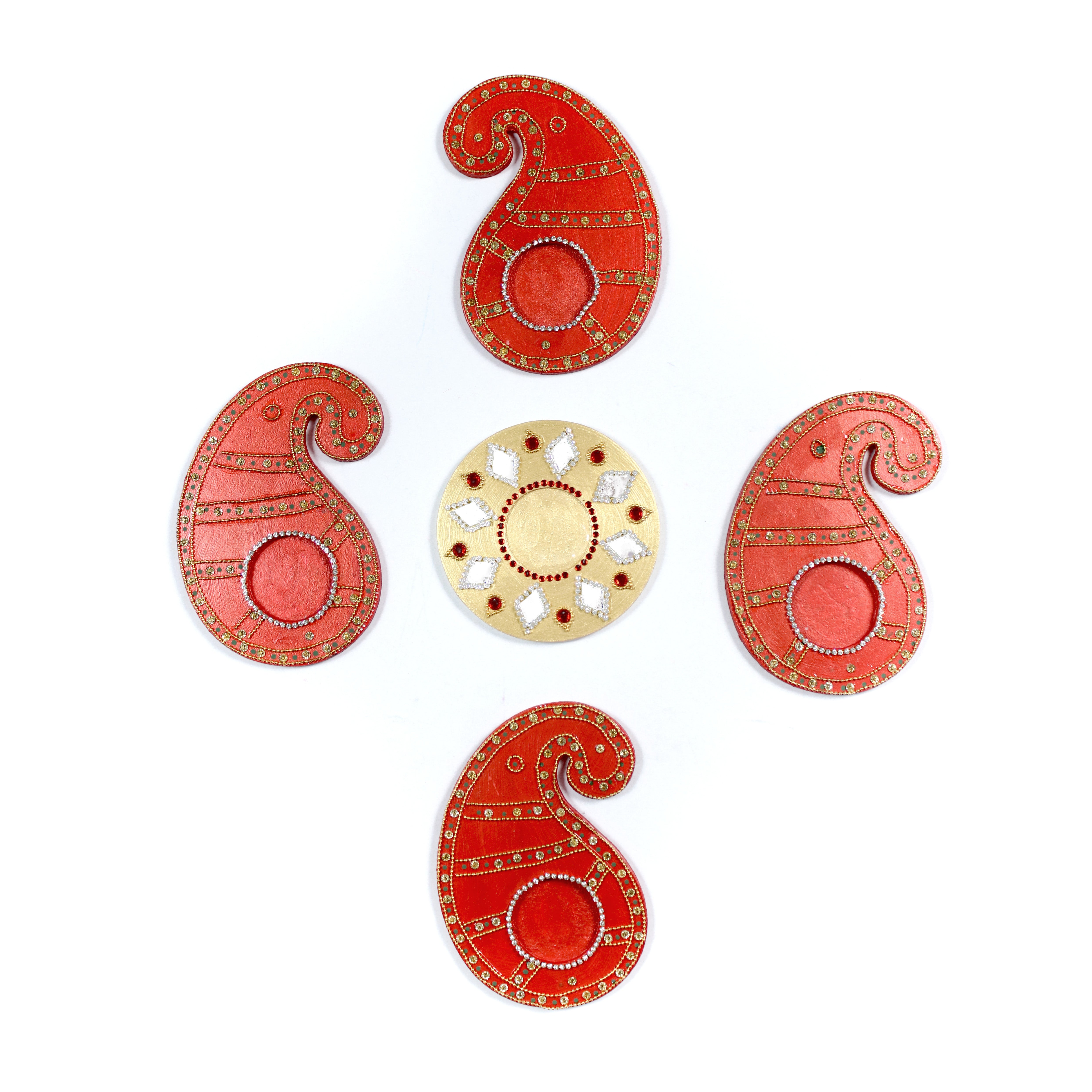 Diwali Decor Combo - Mirror Work tealight holder  Diamond Jewel Gold 4in Dia & Tealight holder paisley charm Red (Pack of 5pc) - (Tealight Candle Included)
