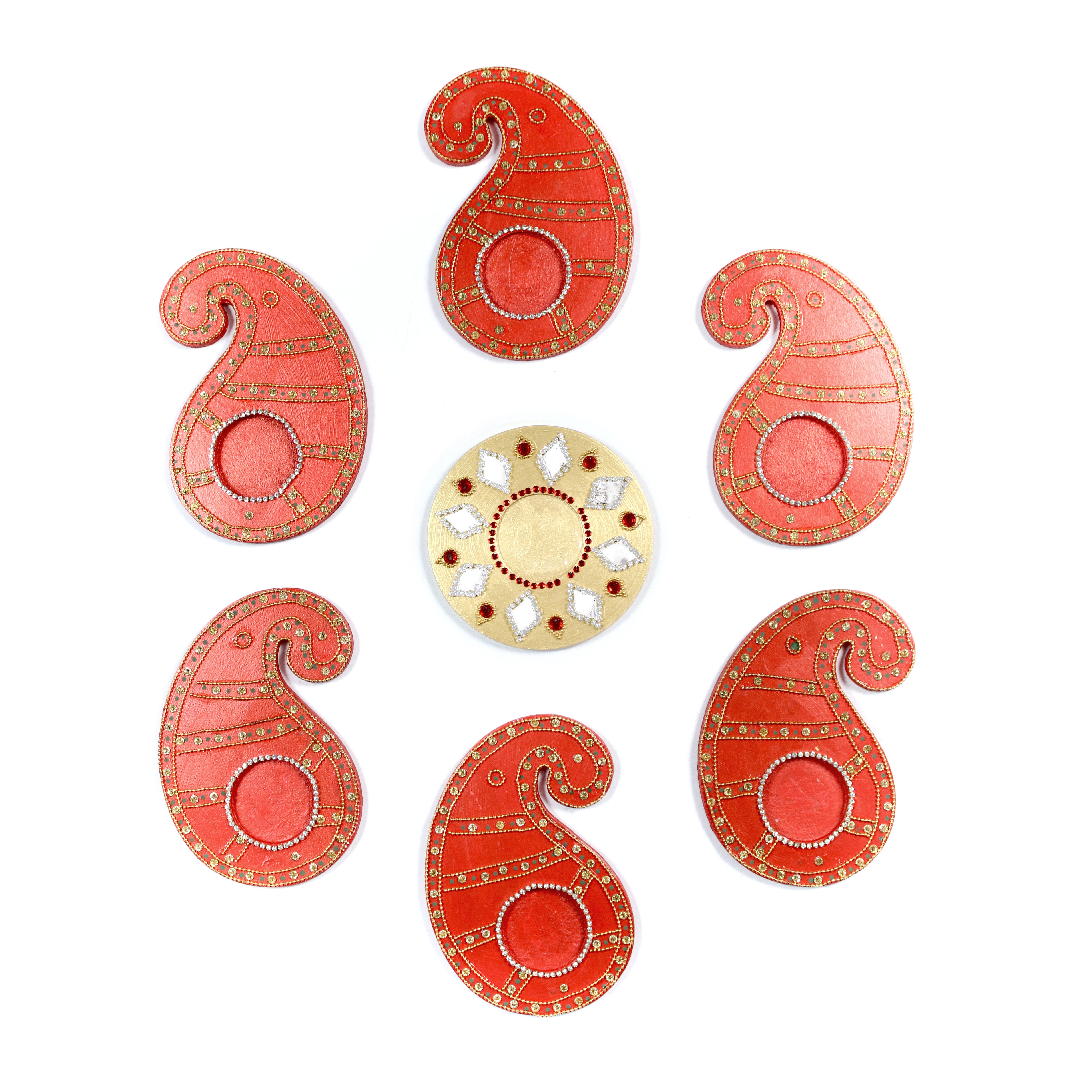Diwali Decor Combo - Mirror Work tealight holder  Diamond Jewel Gold 4in Dia & Tealight holder paisley charm Red (pack of 7pc) - (Tealight Candle Included)