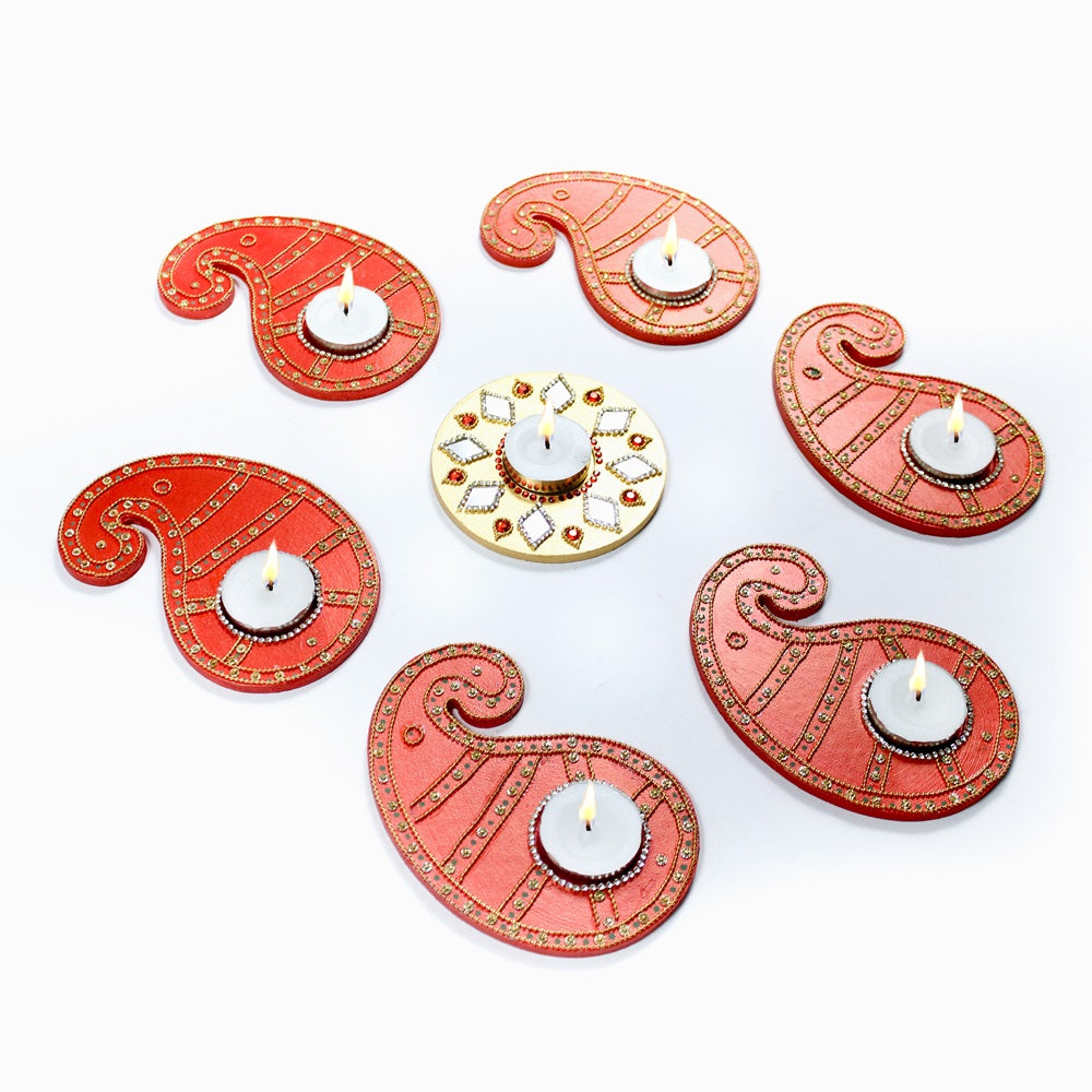 Diwali Decor Combo - Mirror Work tealight holder  Diamond Jewel Gold 4in Dia & Tealight holder paisley charm Red (pack of 7pc) - (Tealight Candle Included)