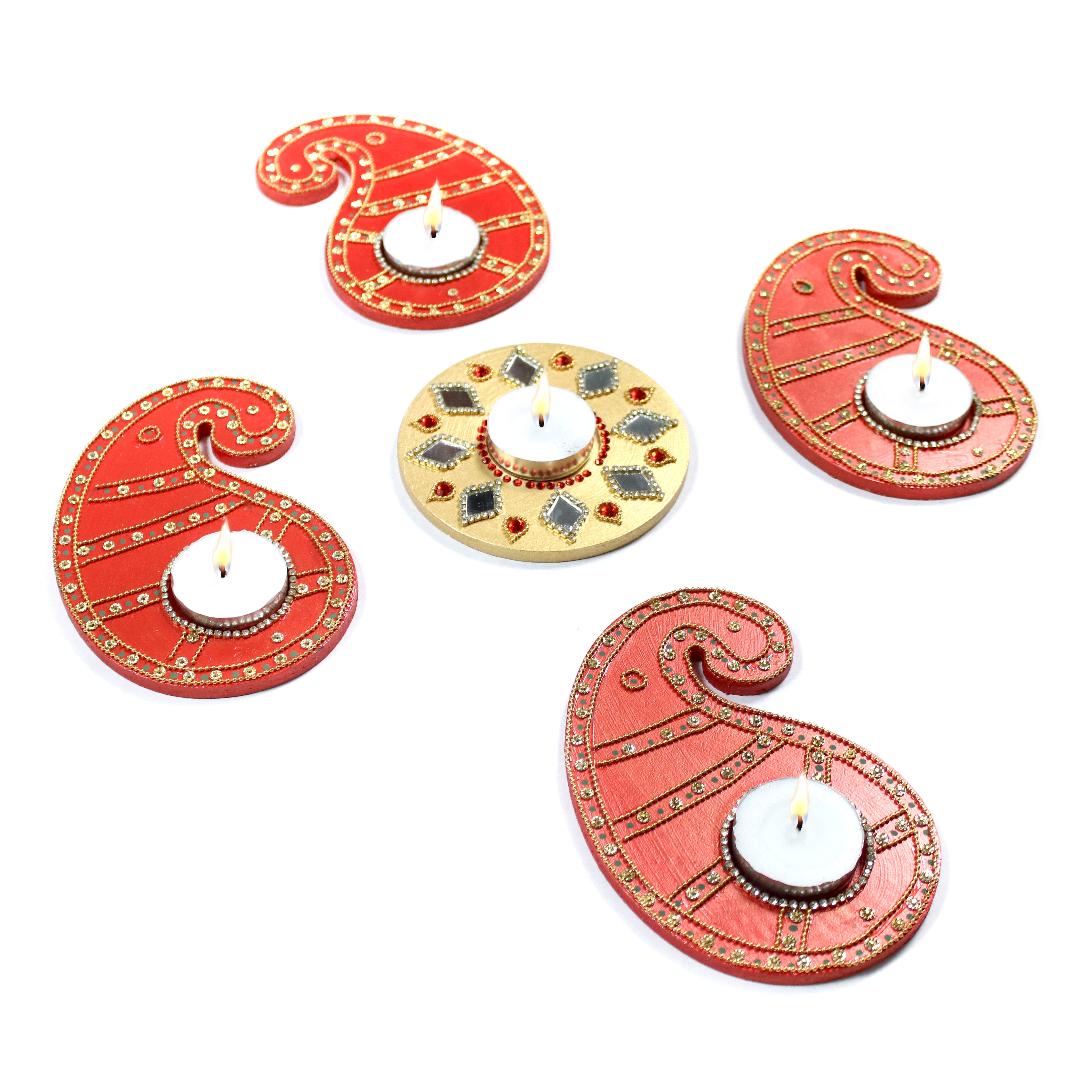Diwali Decor Combo - Mirror Work tealight holder  Diamond Jewel Gold 4in Dia & Tealight holder paisley charm Red (Pack of 5pc) - (Tealight Candle Included)
