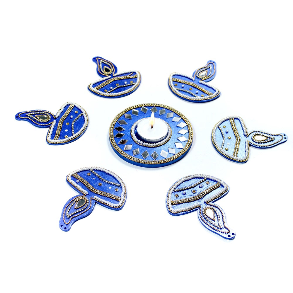 Diwali Decor Combo - Mirror Work Tealight Holder Diamond Delight Blue 4in Dia & Ornate Festive Lamp Hanging Decor Blue (pack of 7pc) - (Tealight Candle Included)