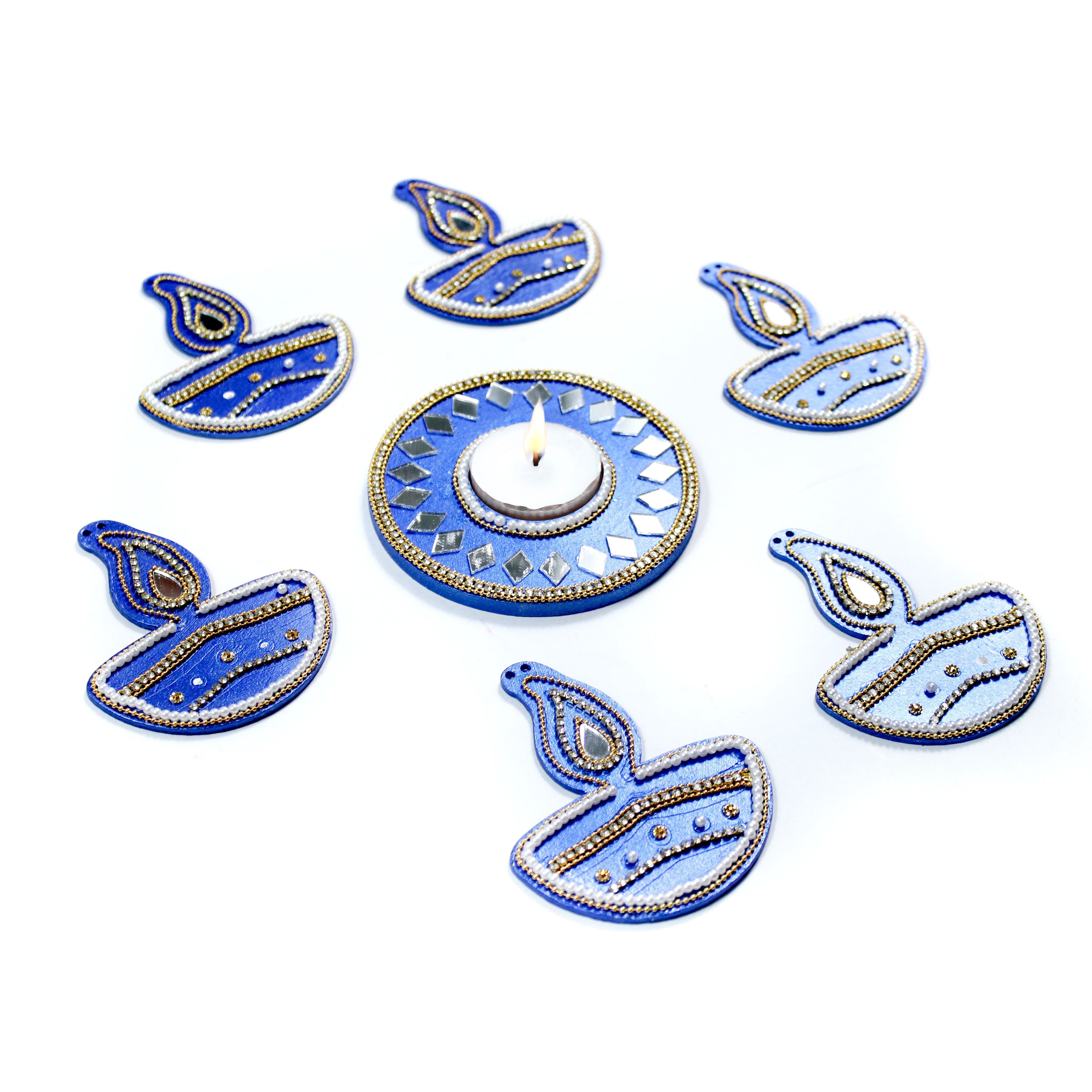 Diwali Decor Combo - Mirror Work Tealight Holder Diamond Delight Blue 4in Dia & Ornate Festive Lamp Hanging Decor Blue (pack of 7pc) - (Tealight Candle Included)