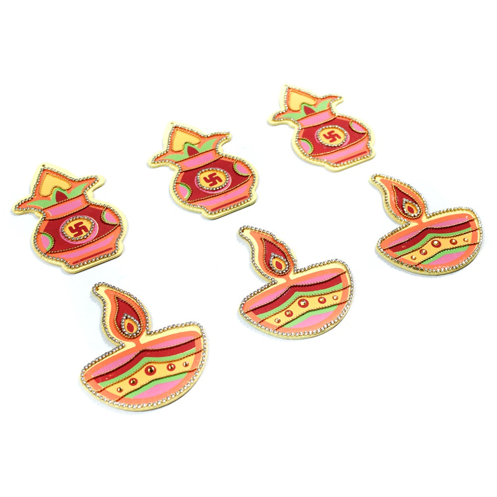 Diwali Decor combo - Mangal Kalash & Festive Lamp 4.5 X 3inch 2mm Thick (Pack of 3 each)