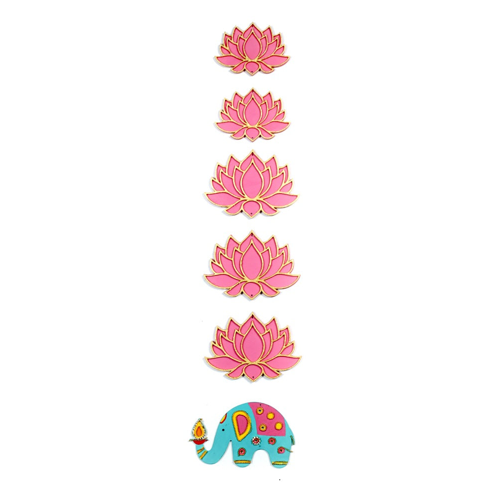Diwali Decor Combo - Lotus Hanging Decor Pink & Gold Approx 5 X 3.5inch & 4 x 3inch 2mm thick with Hanging Decor Festive Elephant Right Side Approx 13.5x8.6cm 2mm Thick (pack of 6pcs)