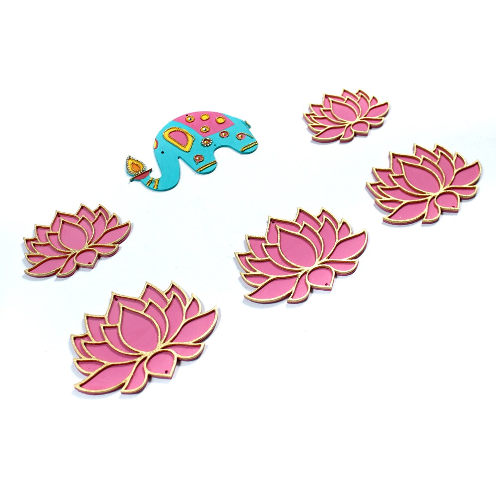 Diwali Decor Combo - Lotus Hanging Decor Pink & Gold Approx 5 X 3.5inch & 4 x 3inch 2mm thick with Hanging Decor Festive Elephant Right Side Approx 13.5x8.6cm 2mm Thick (pack of 6pcs)