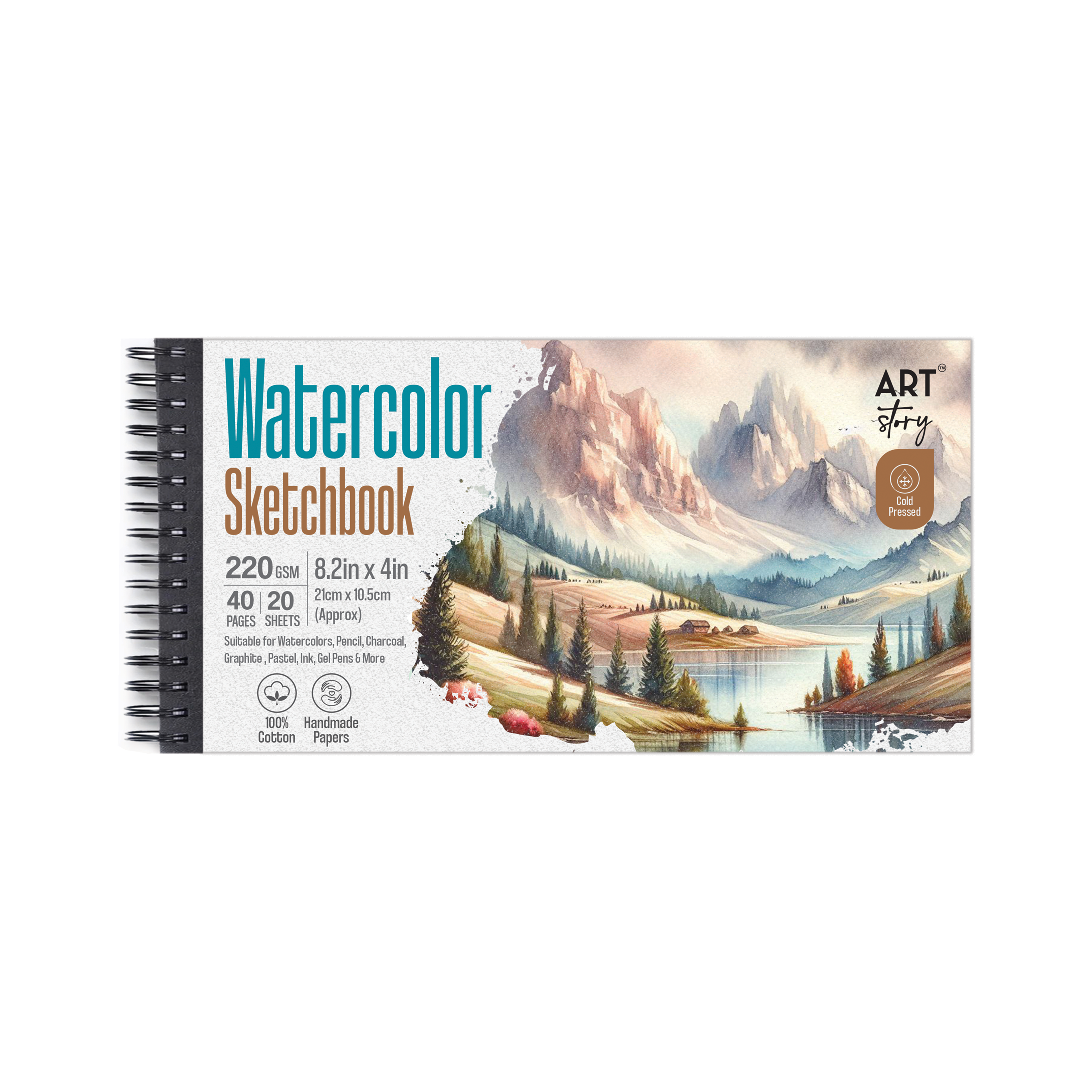 Watercolour Sketchbook With cold Pressed Artist Paper | Wire-O | 8.2 X4Inch - 220gsm - 40pages 1 Book