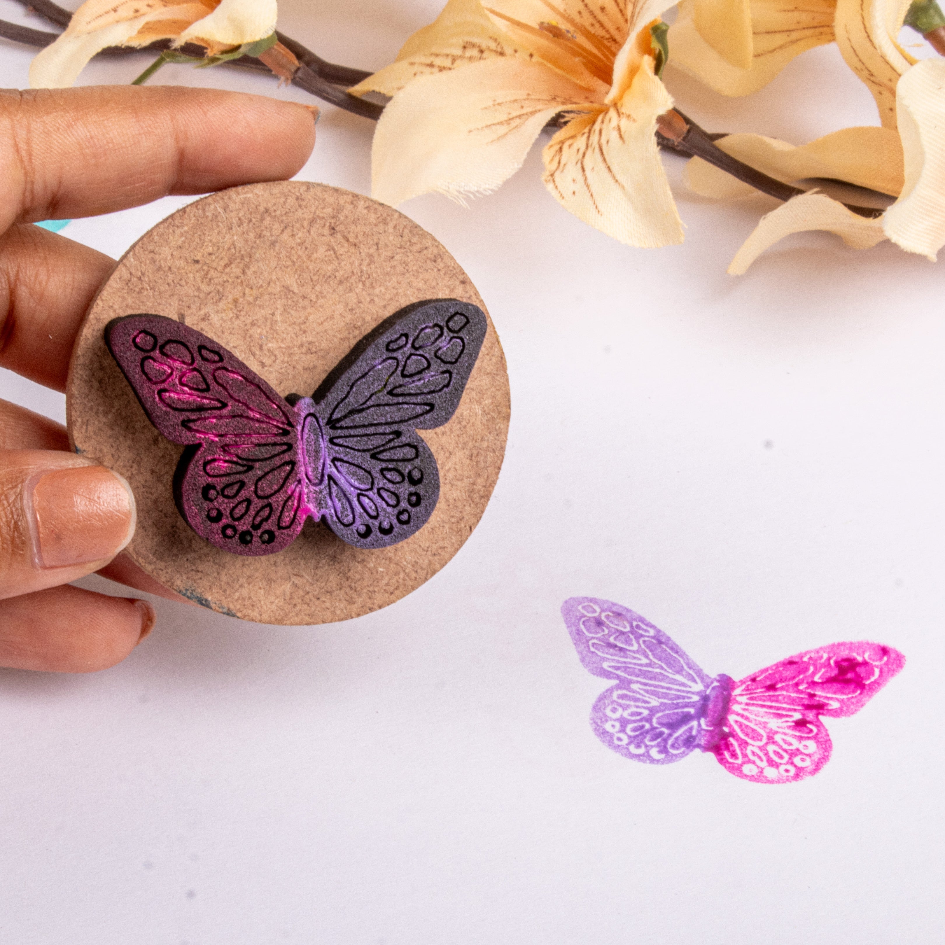 Foam Stamp - Ornate Butterfly | 4.2 x 3cm | 10mm Thick (MDF Base 5.5mm thick round 5cm dia) 1pc