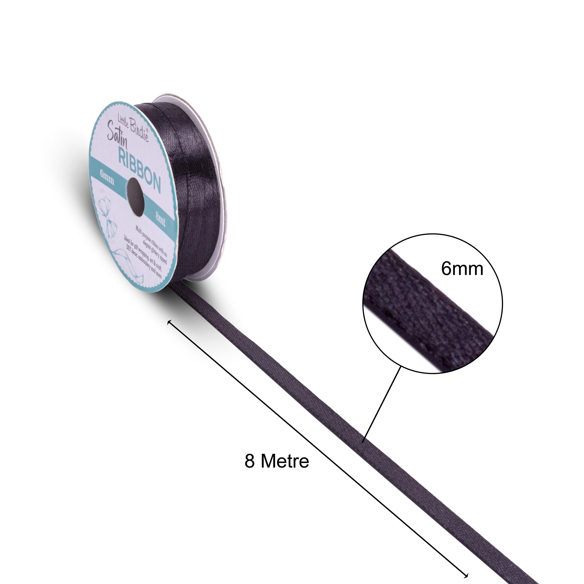 Satin Ribbon | 6mm | Black | 8 Meters - 1 Roll