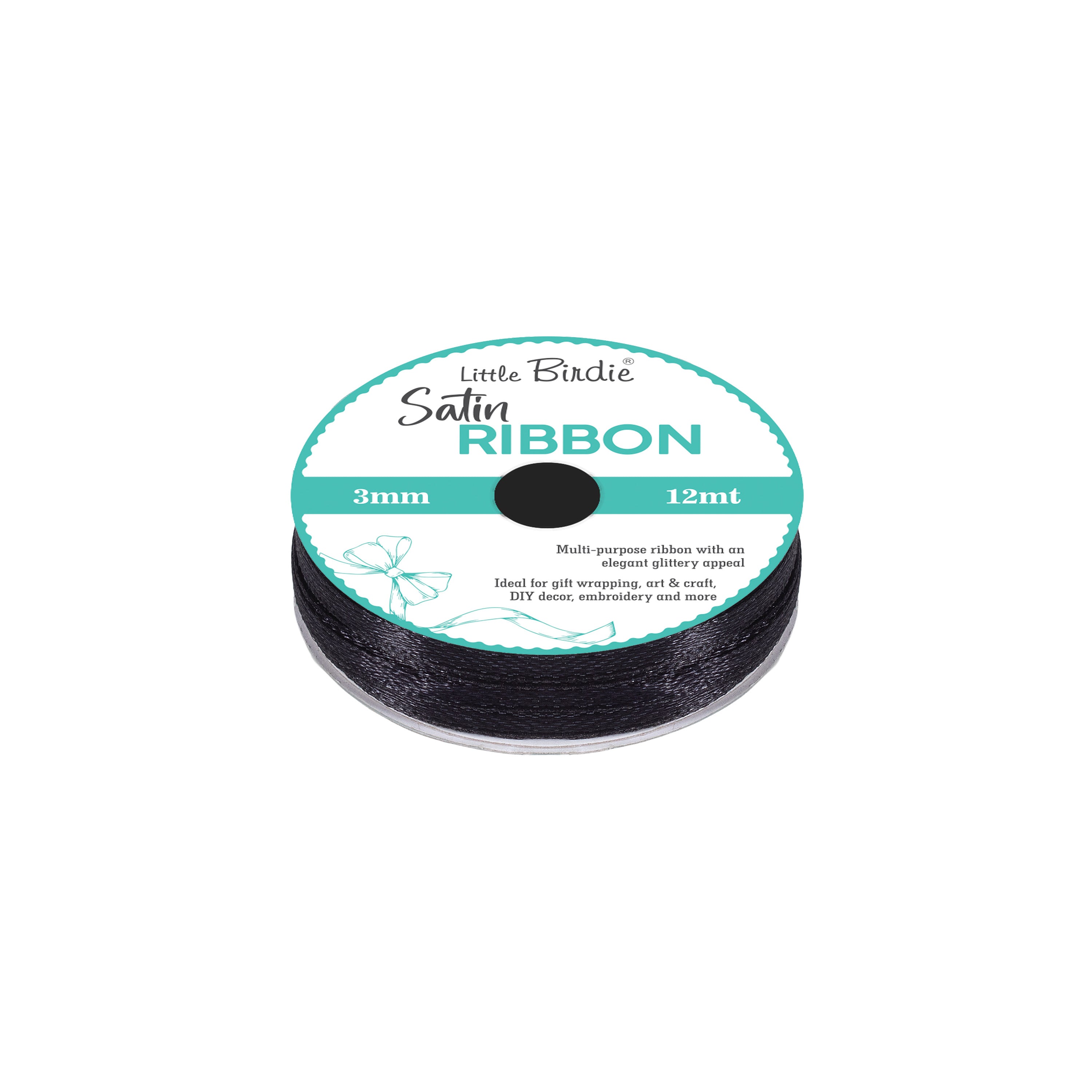 Satin Ribbon 3mm Black 12mtr 1Roll