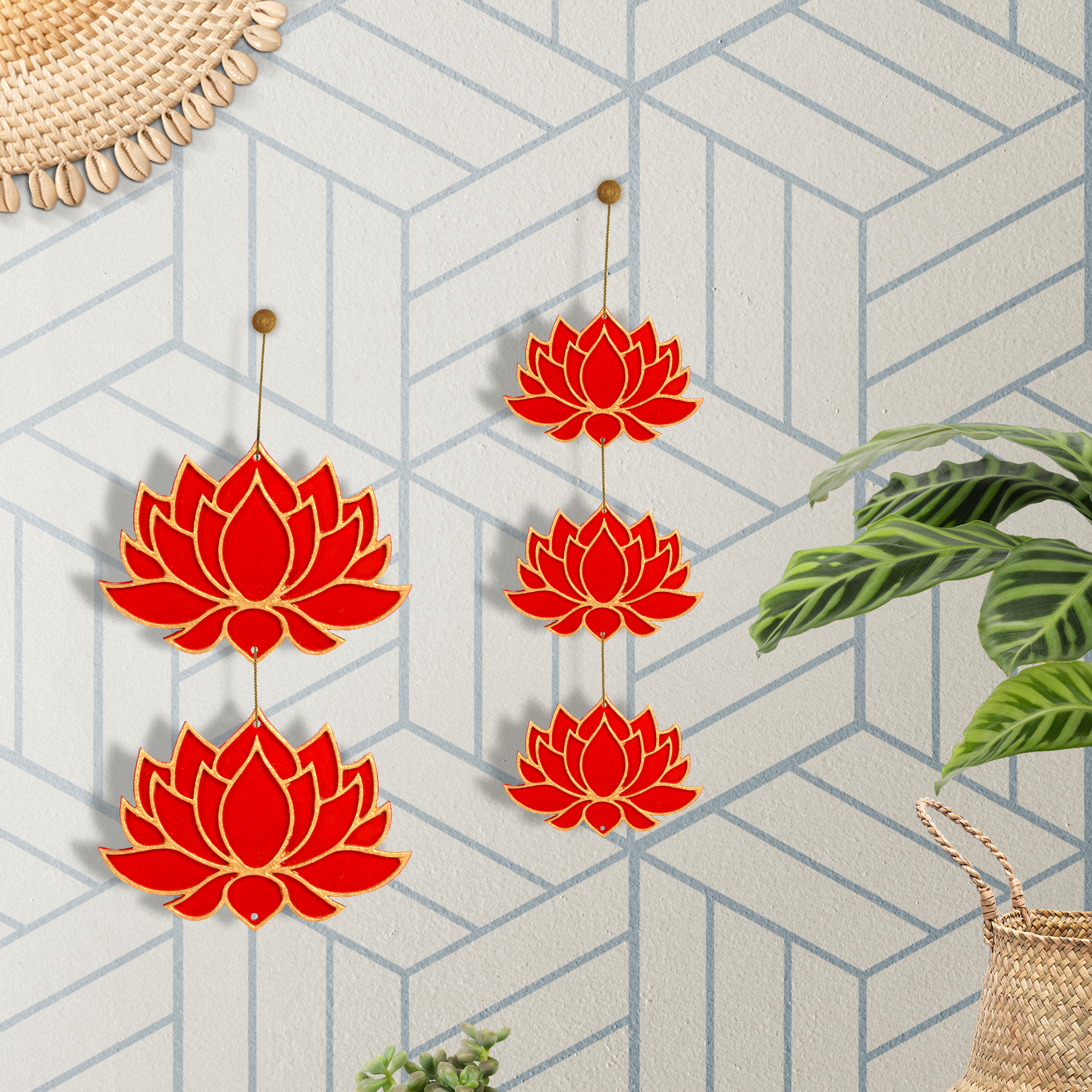 Lotus Hanging Decor Red & Gold - 2pc (4 X 3inch 2mm & 5 X 3.5inch 2mm)