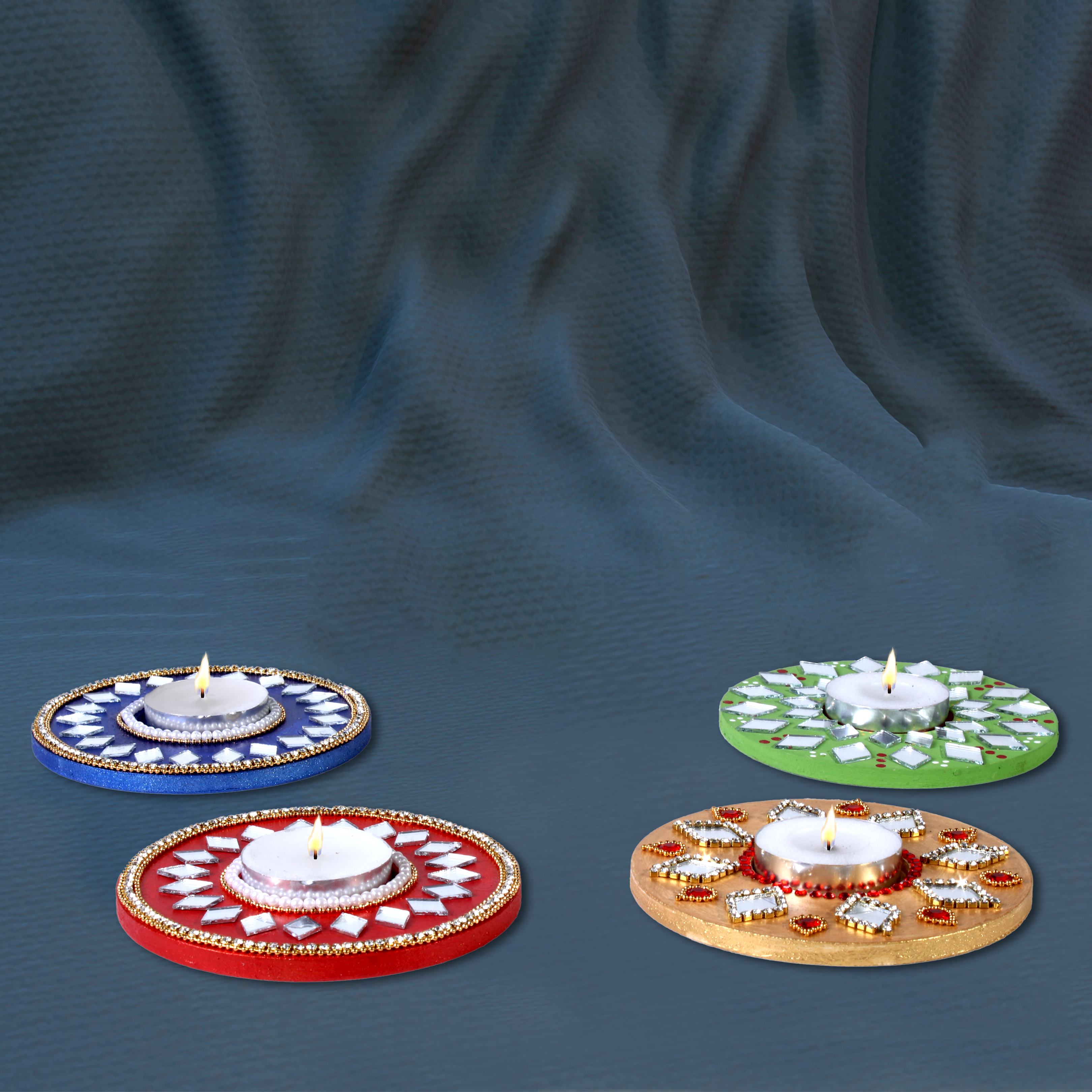 Mirror Work Tealight Holder Diamond Jewel - Gold, Blue, Red, Green Each 1Pc - (Tealight Candle Included)