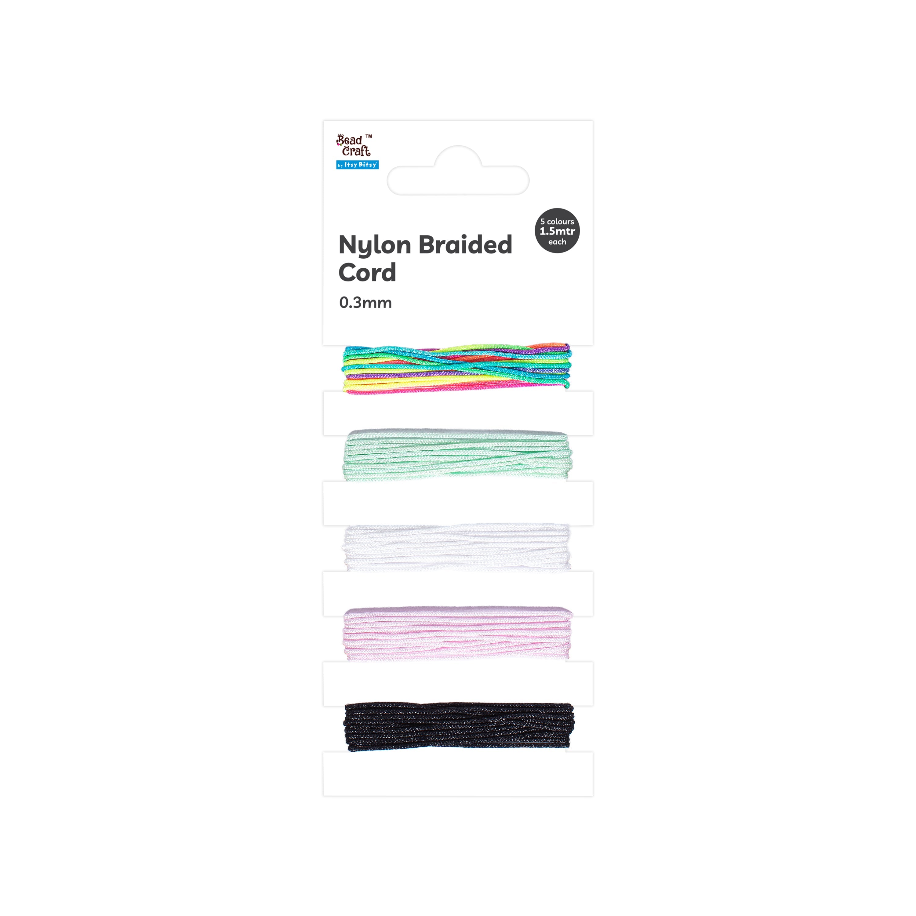 Nylon braided cord 0.3mm 1.5mtr each x 5 colours