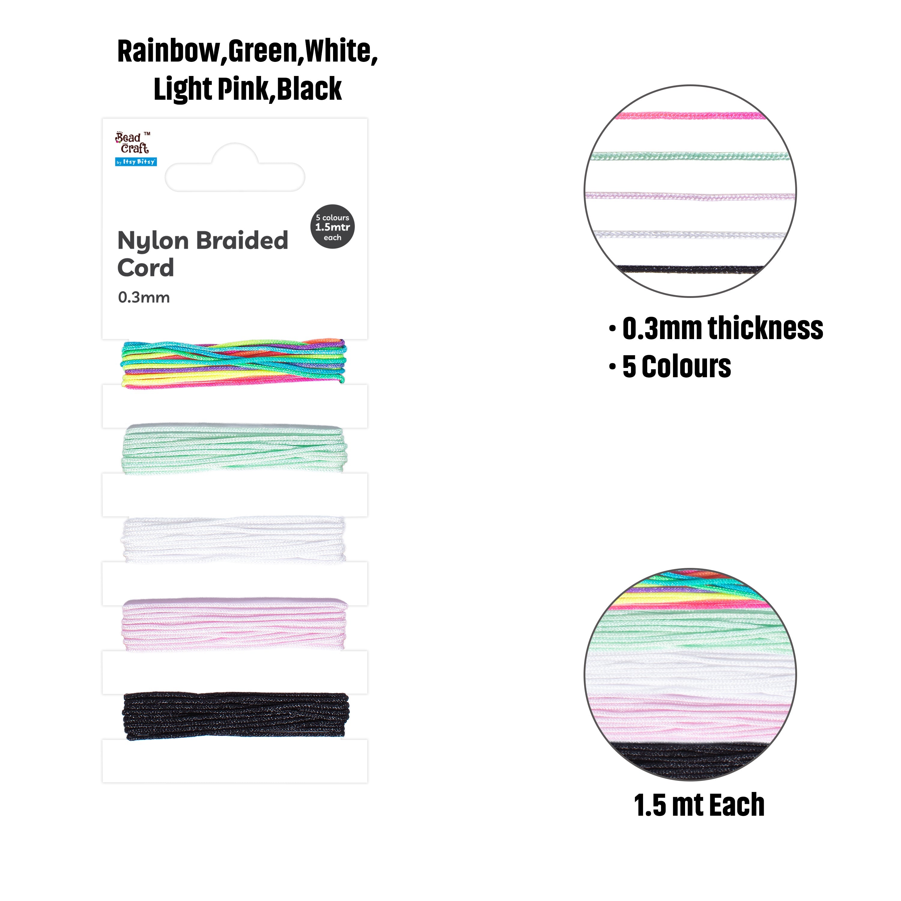Nylon braided cord 0.3mm 1.5mtr each x 5 colours
