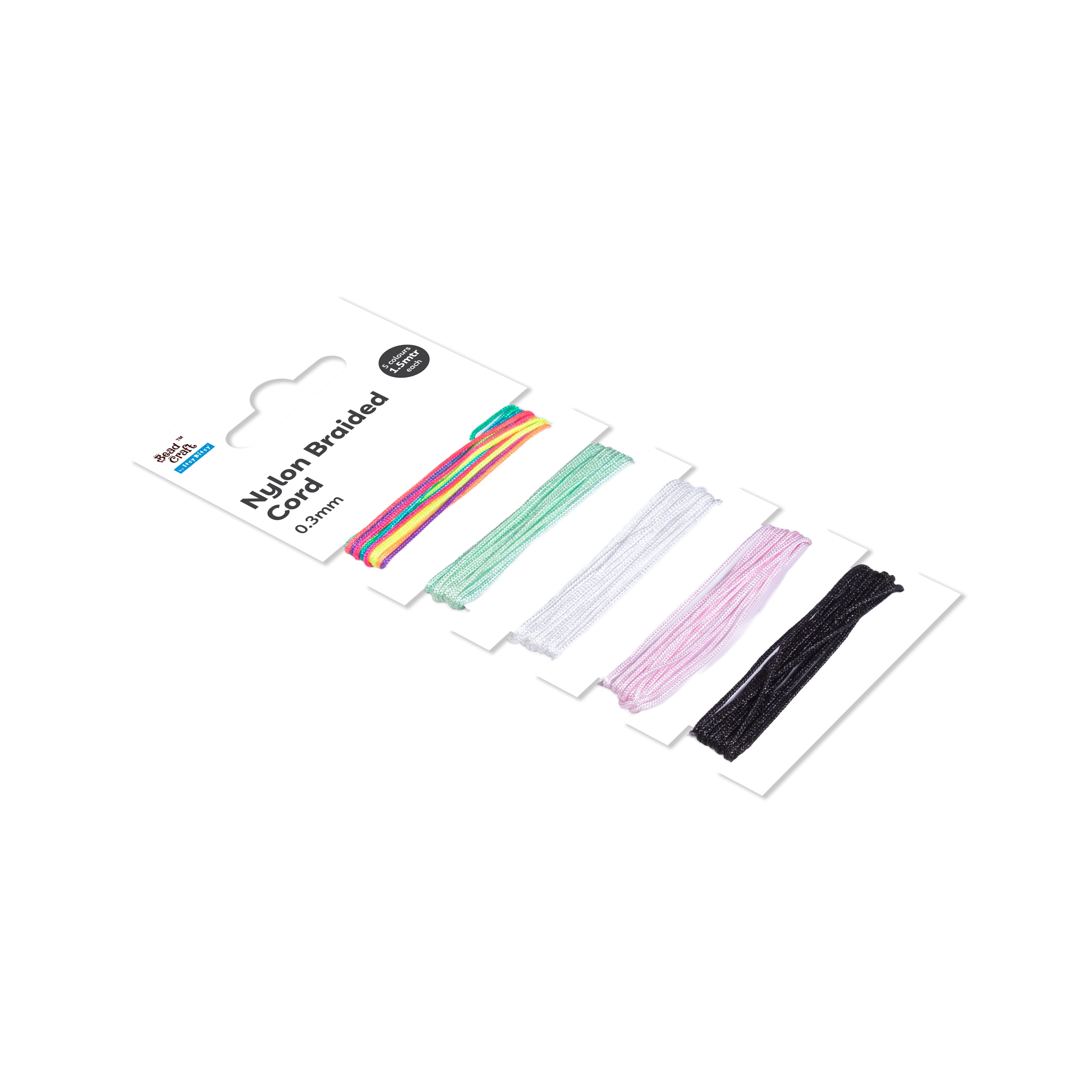 Nylon braided cord 0.3mm 1.5mtr each x 5 colours