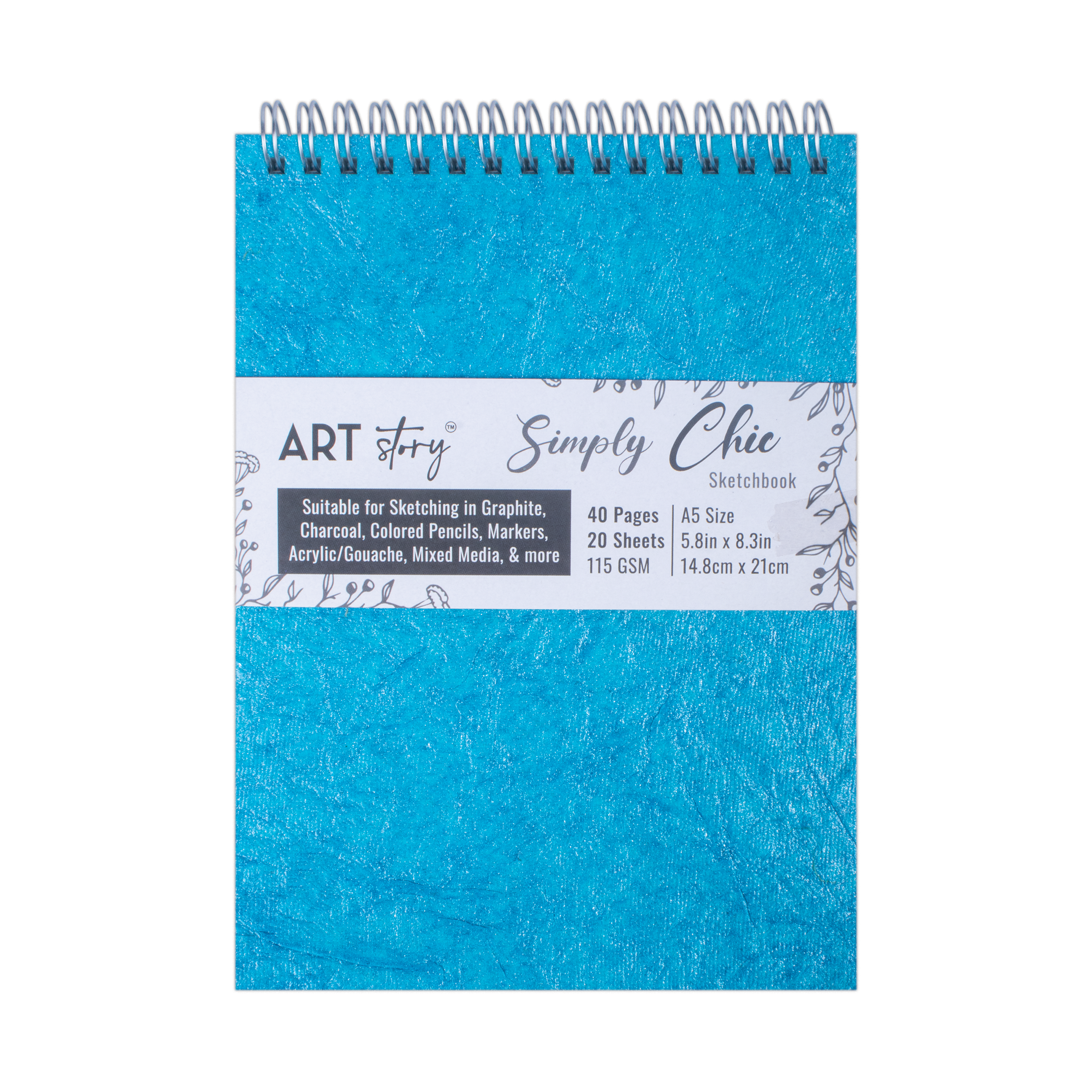 Simply Chic Spiral Bound Sketchbook with Leather Paper Cover | Teal | A5 - 115gsm - 40Pages - 1Book