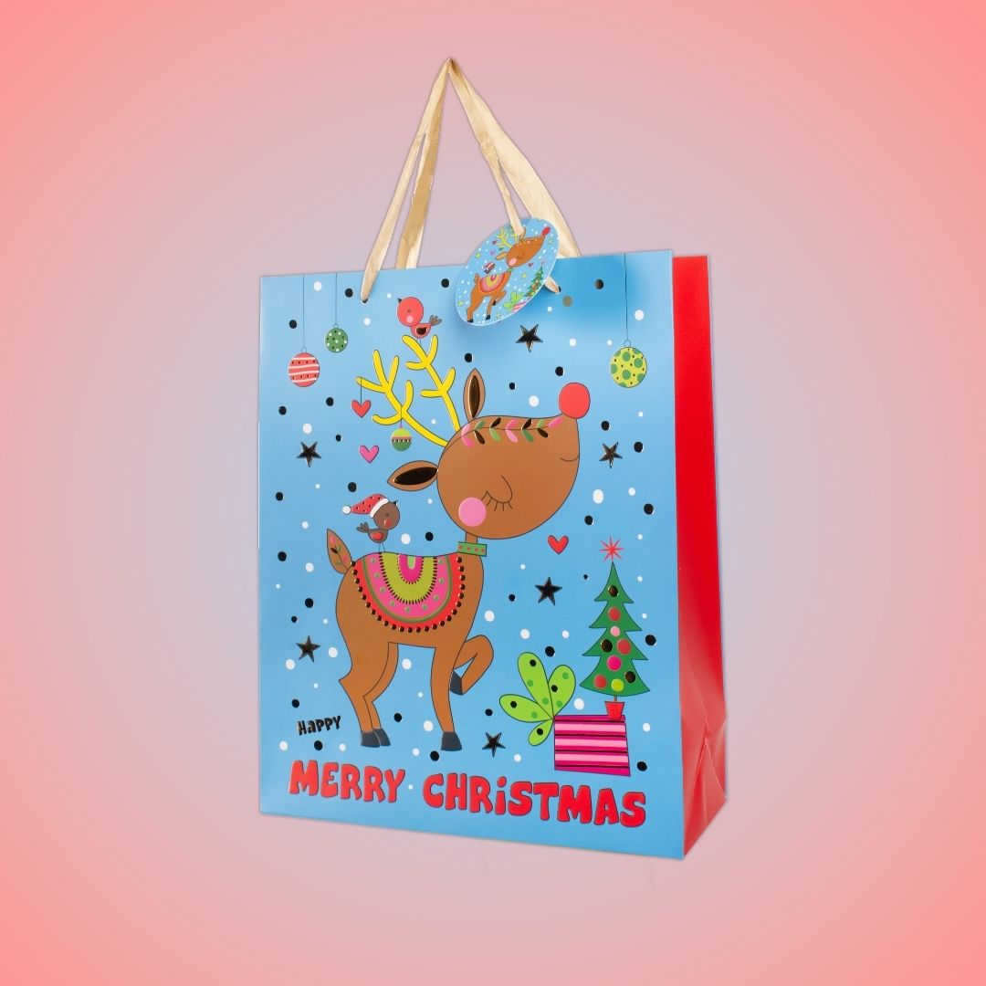 Christmas Gift Bag with Foil Detailing Joyful Reindeer 26 X 10 X 32cm 1pc